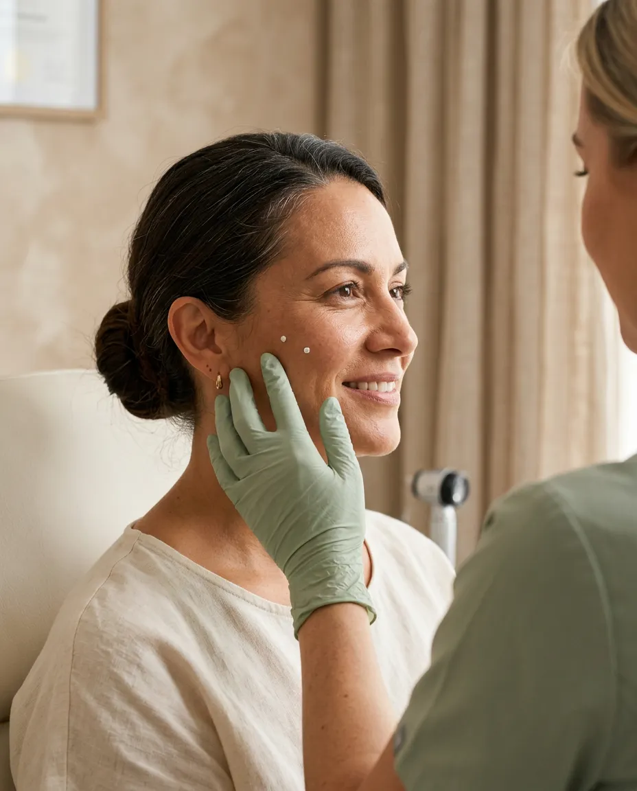 A nurse assessing cheek volume before filler