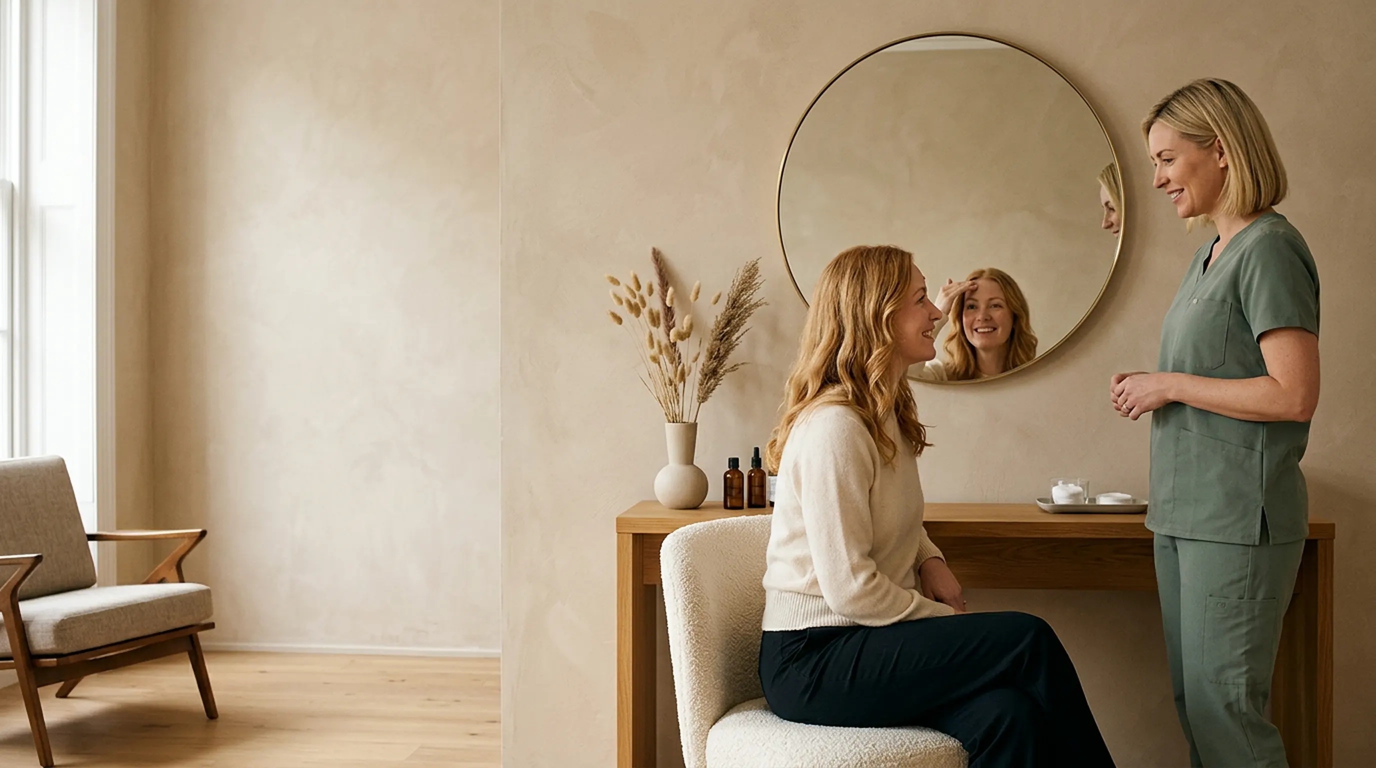 A Lumivie nurse discussing a light forehead neuromodulator dose with a patient