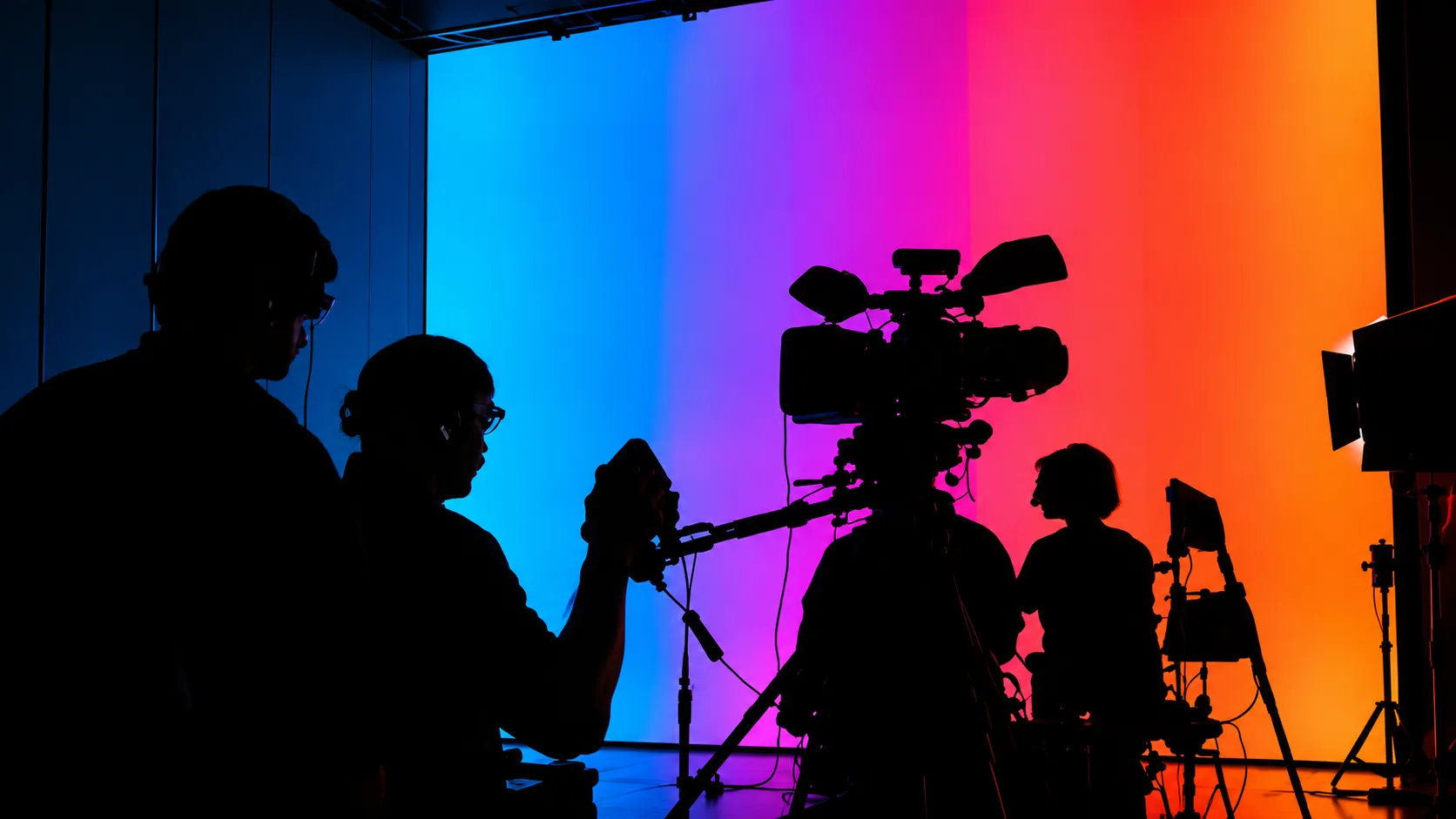 A film crew in silhouette against a wall of spectrum light