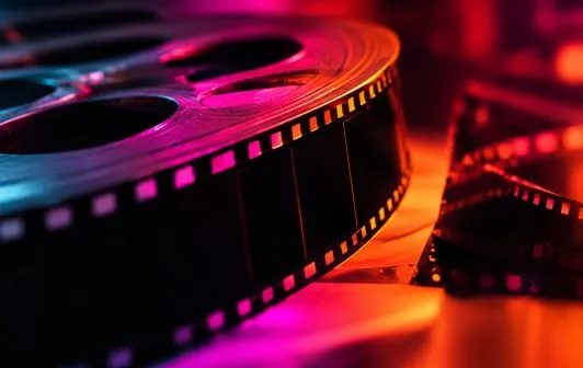 A film reel lit by spectrum light