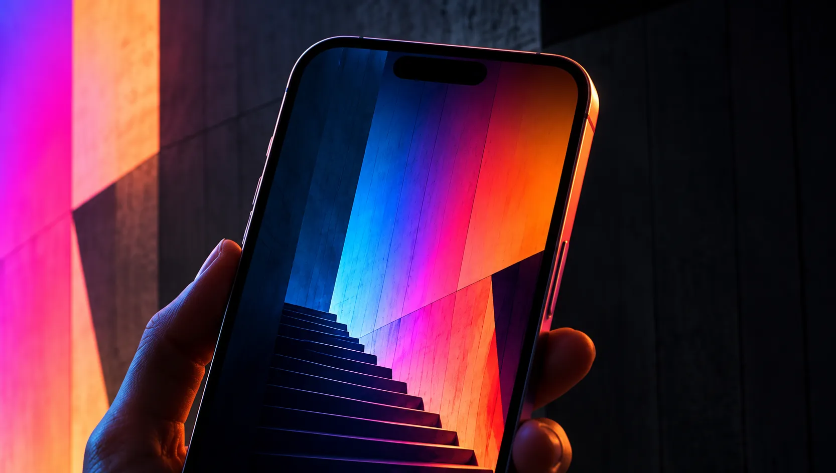 A hand holding a phone showing a spectrum-lit stairway
