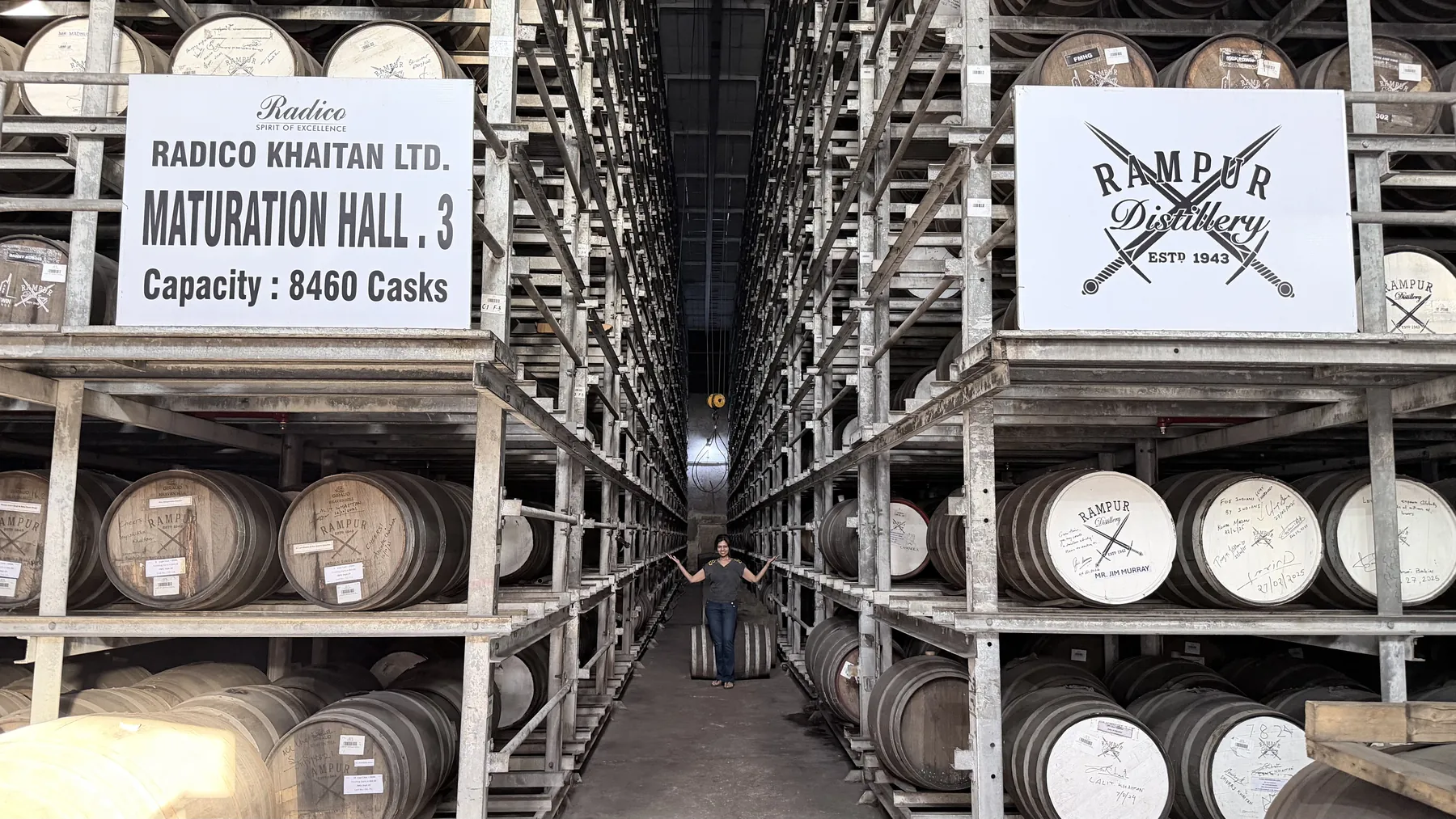 Maturation Hall 3 at Radico Khaitan's Rampur Distillery, with Ruchira Neotia among the casks