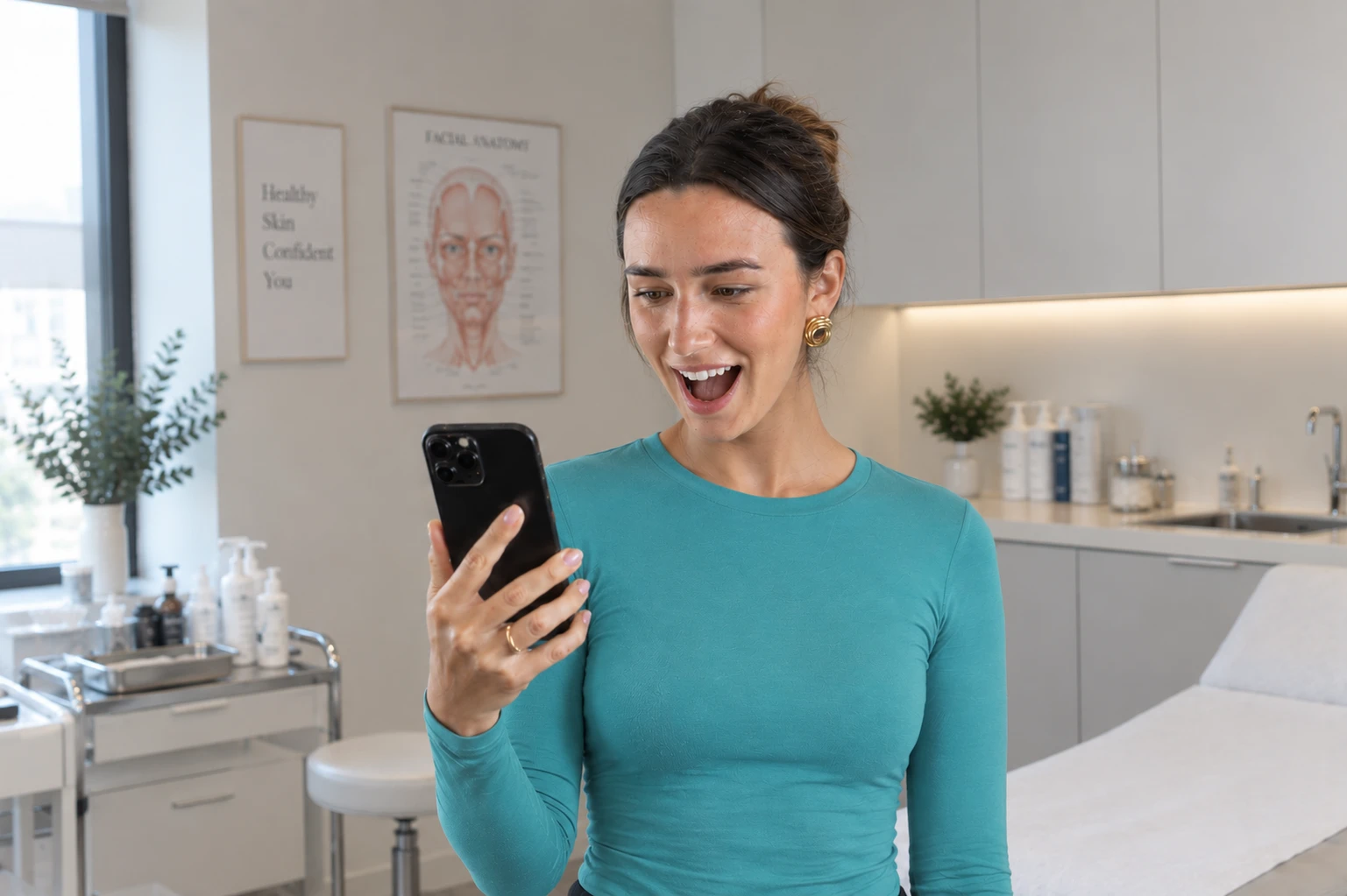 A delighted patient in a modern aesthetic clinic looking at an AI recommendation on her phone