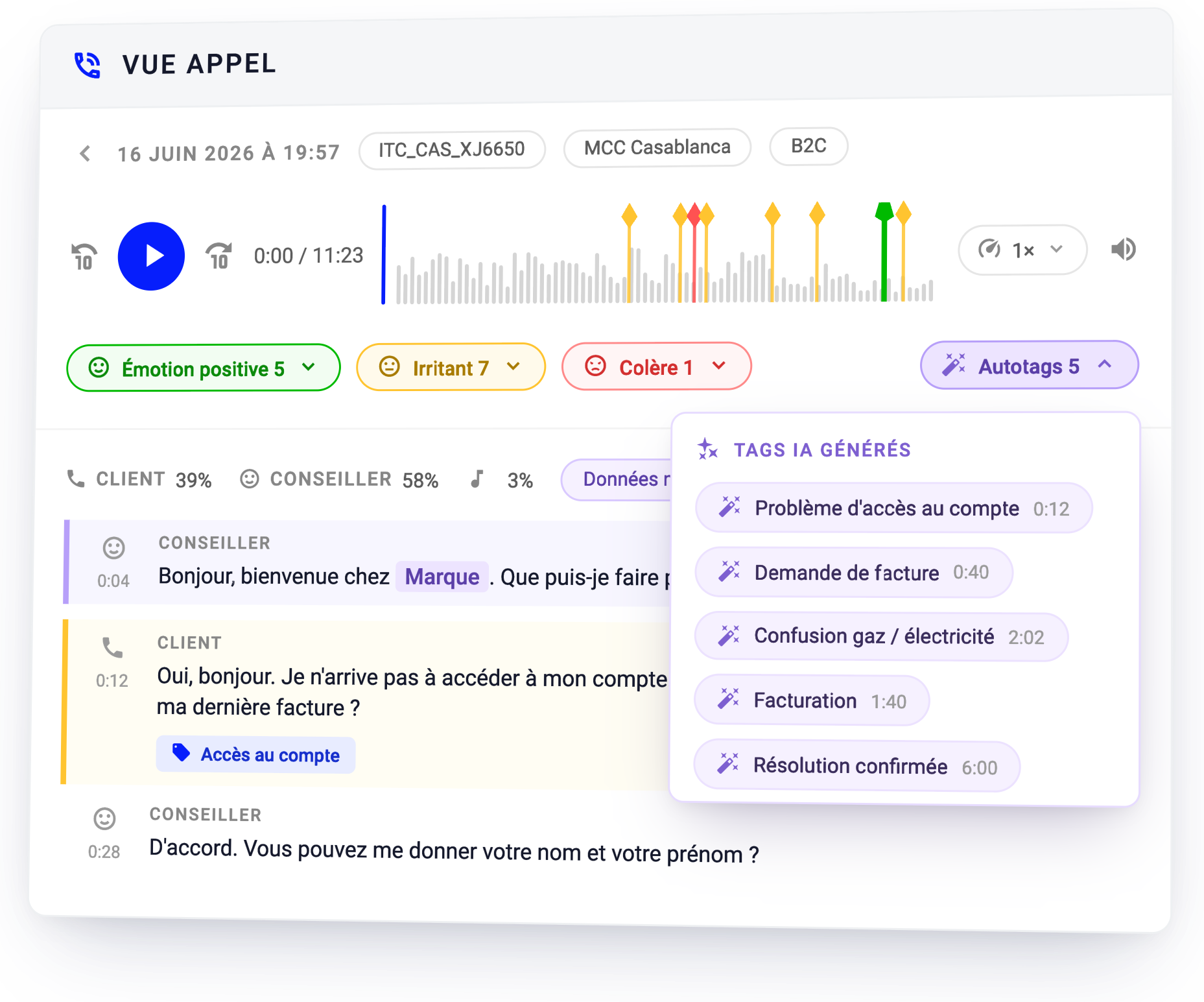 Vue d'un appel analysé par Batvoice : émotions, irritants et tags générés par l'IA