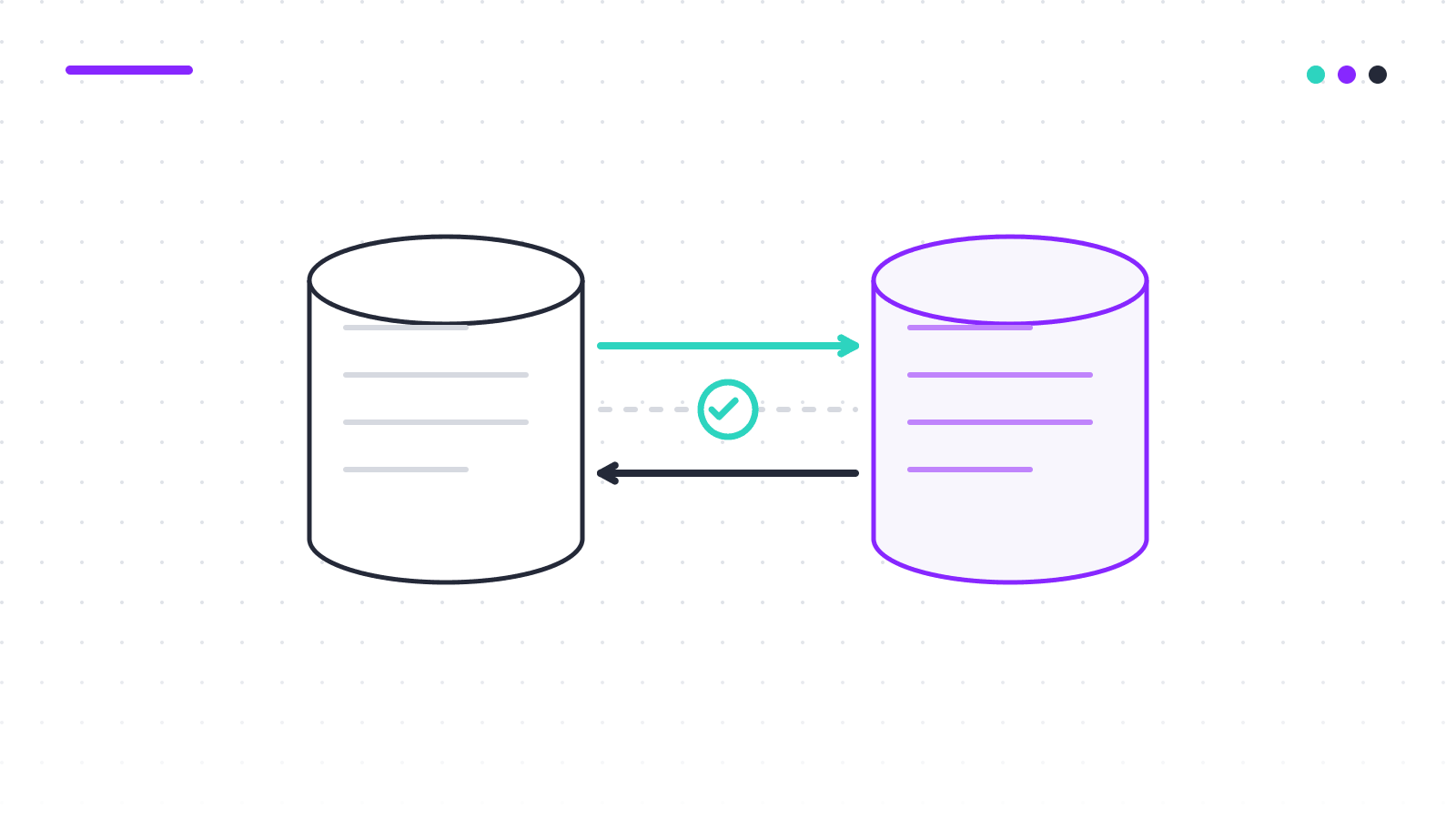 Abstract illustration: two databases exchanging data with a reconciliation check