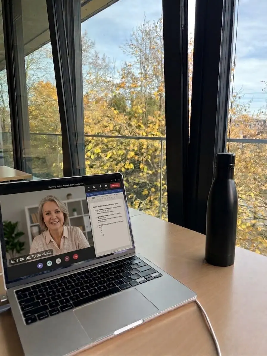 Laptop on a wooden desk displaying a video call with a smiling middle-aged woman labeled Mentor Dr. Elena Vange, next to a black water bottle and large windows showing yellow foliage outside.