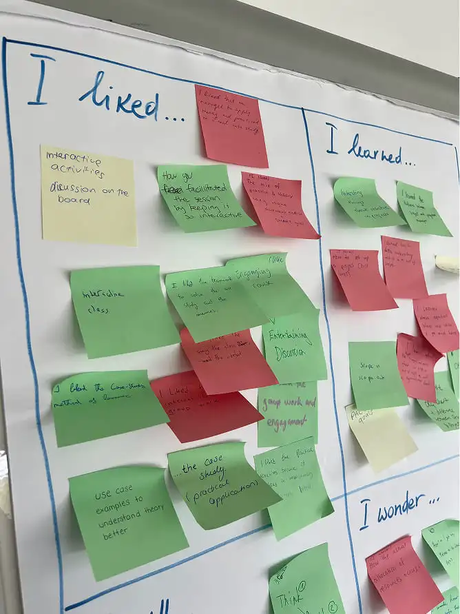 Flipchart covered in colored sticky notes from a training workshop