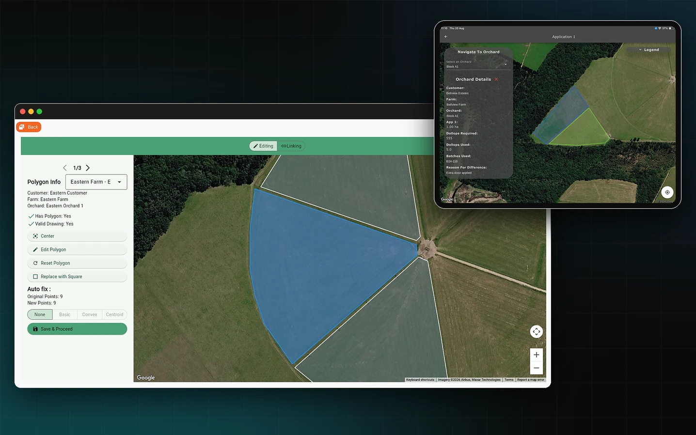 AgriERP polygon editing on a satellite map, beside the field app on a tablet