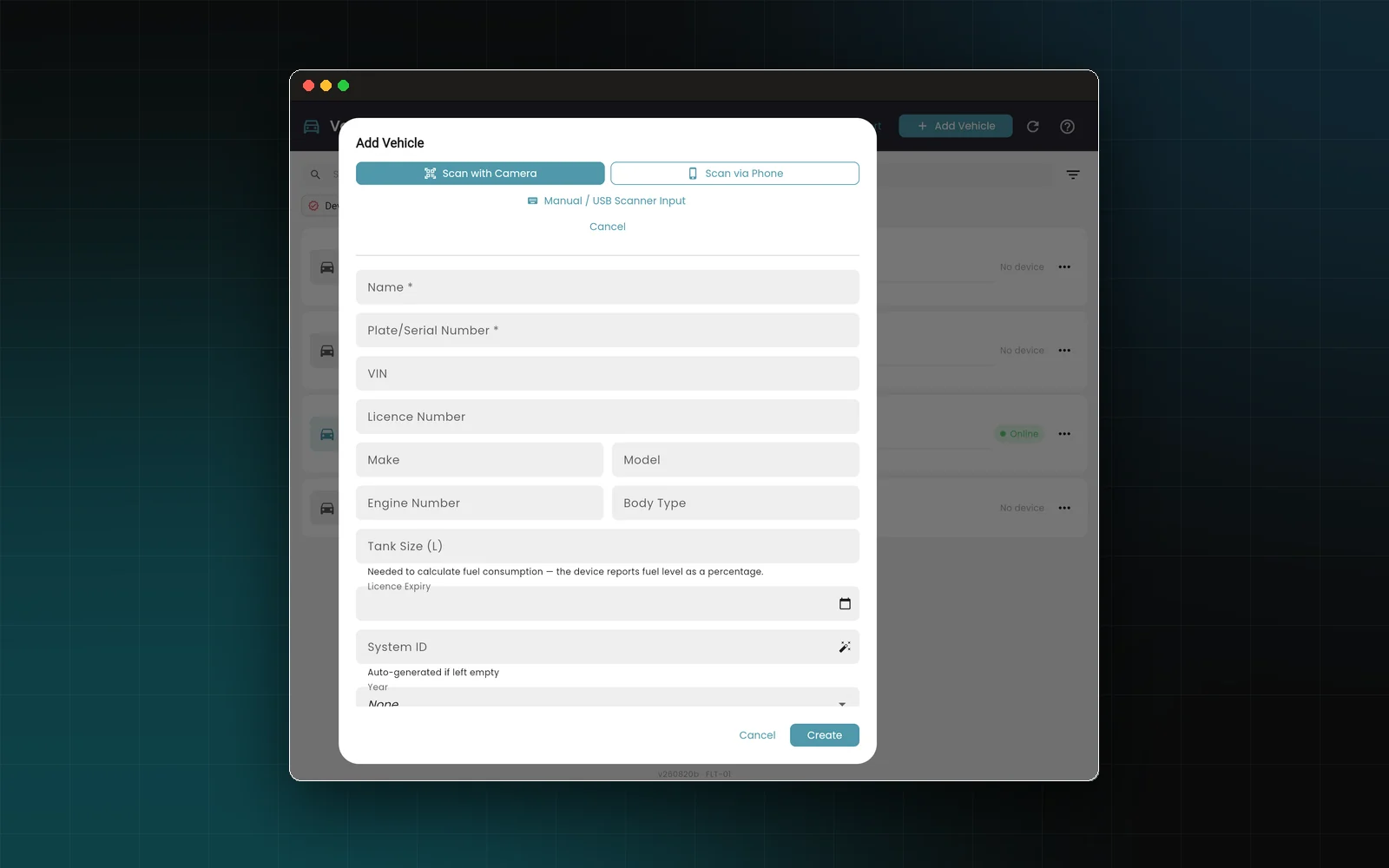 Adding a vehicle in Connected Fleet by scanning its licence disc with a camera, phone or USB scanner