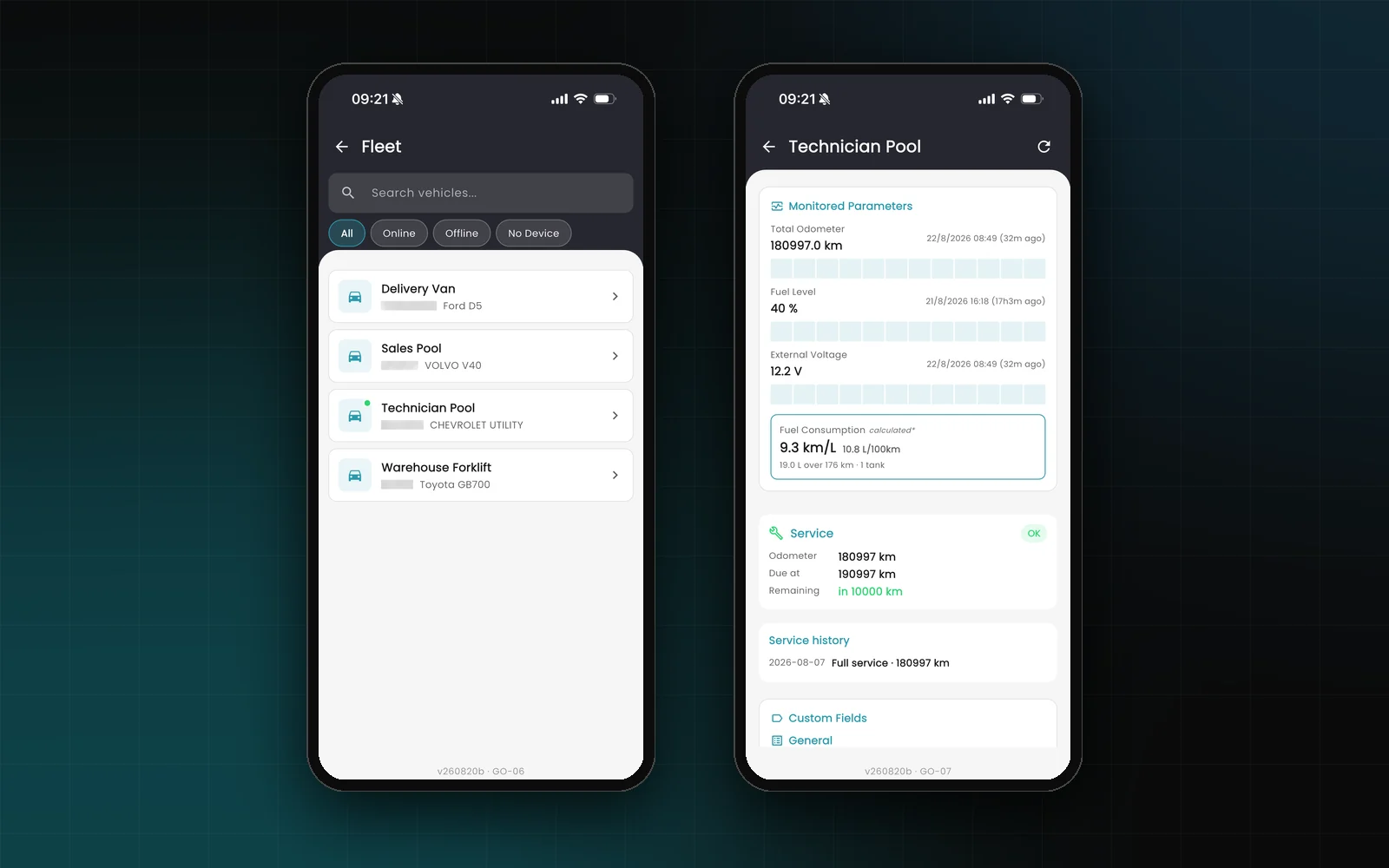 The Connected Fleet mobile app: fleet list filtered by status, and a vehicle's monitored parameters and service status
