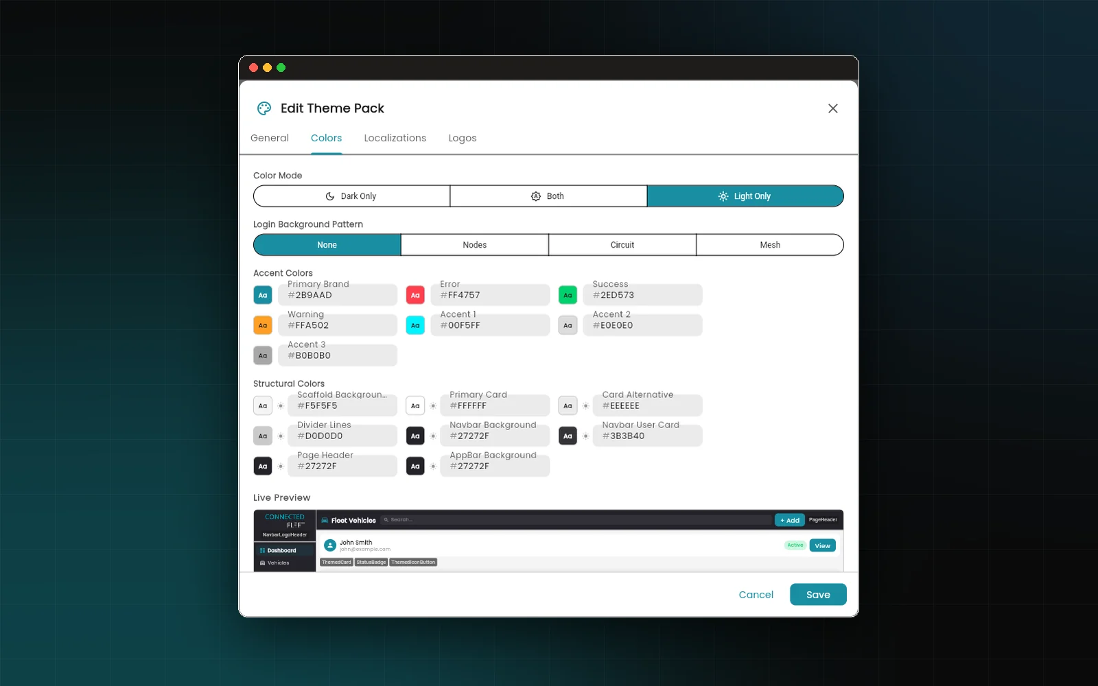 Theme pack editor setting a client's colours, logos and wording, with a live preview