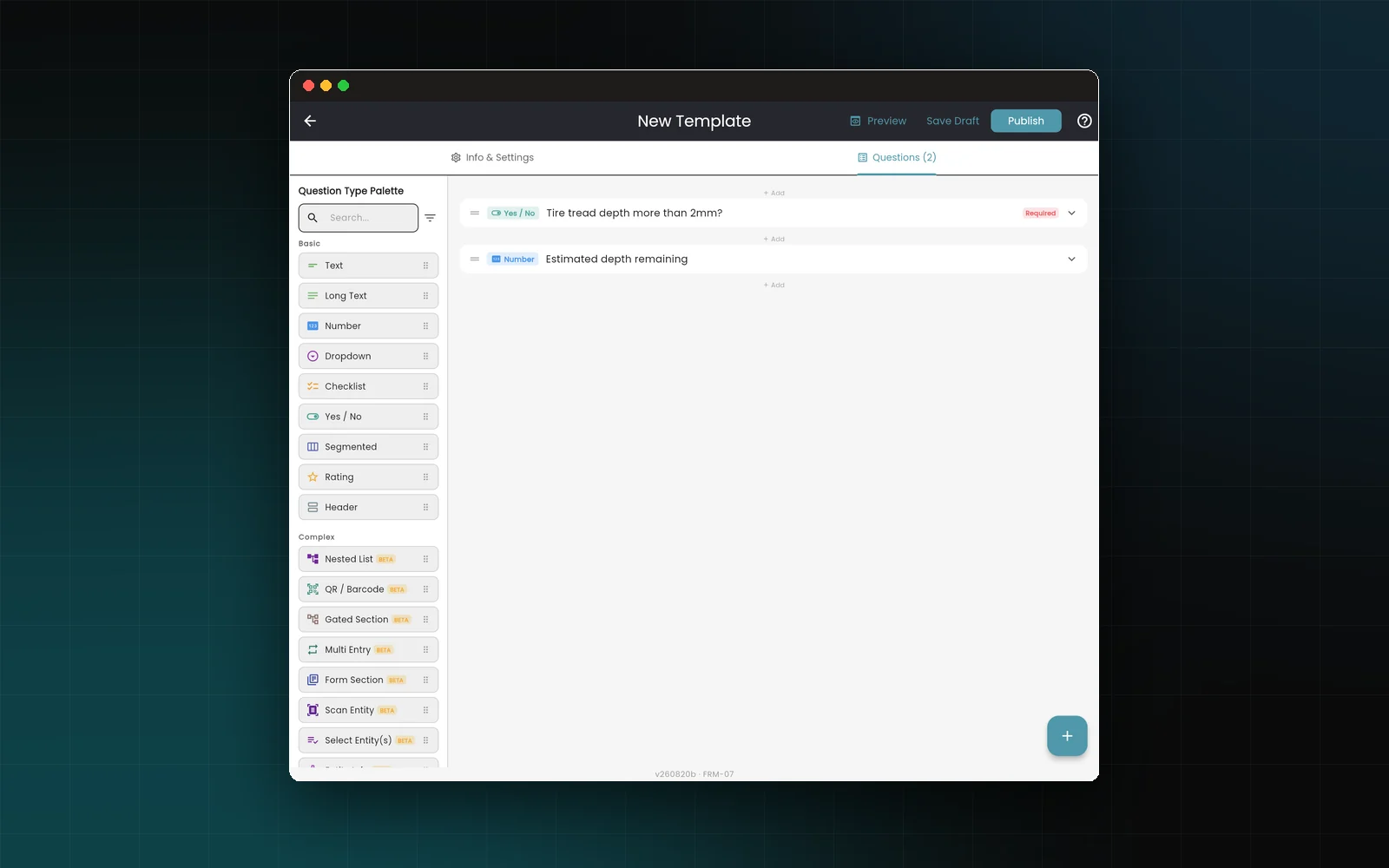 iBOS form builder: question types dragged from a palette into a new form template