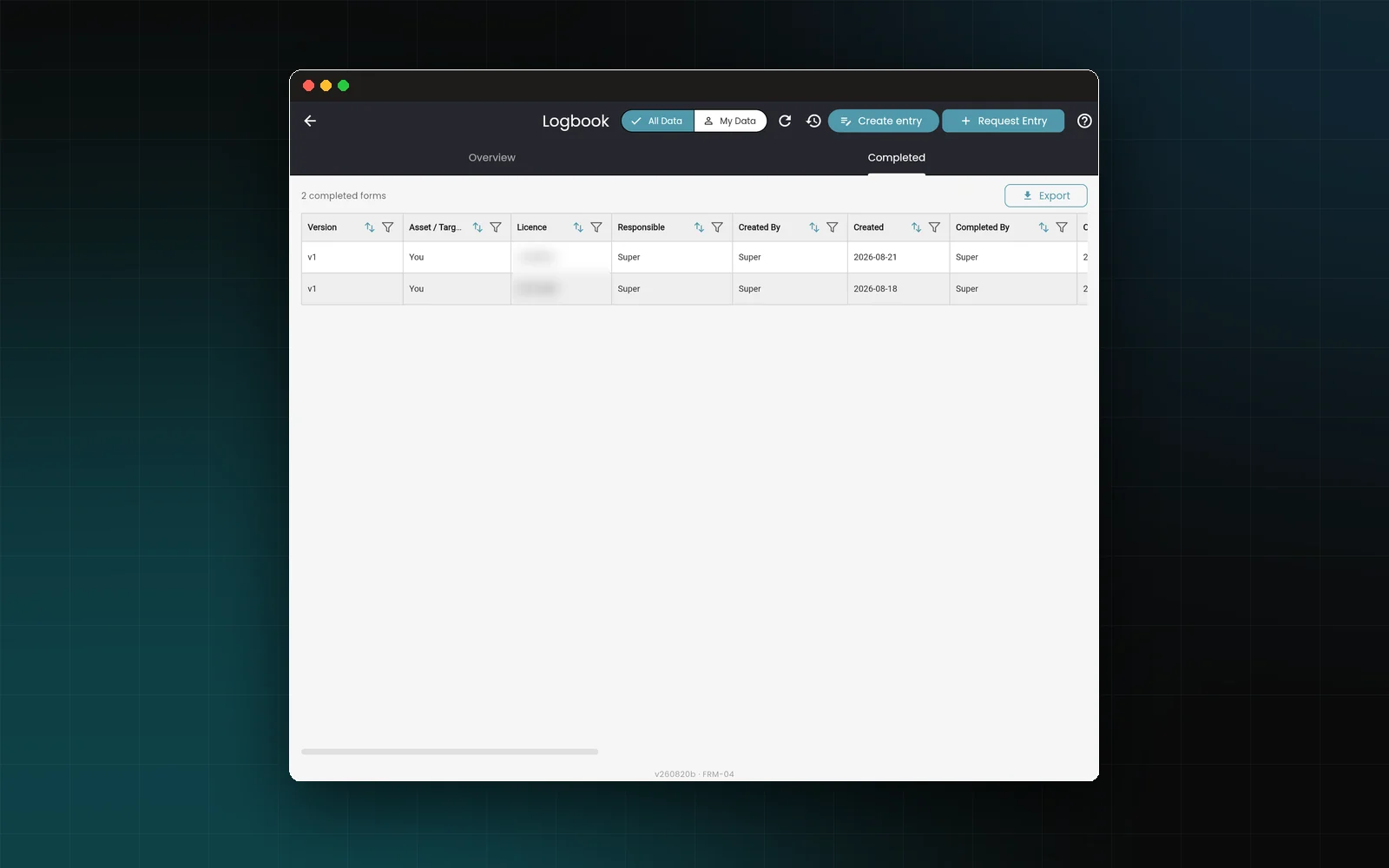 Completed form submissions in a filterable grid, ready for export