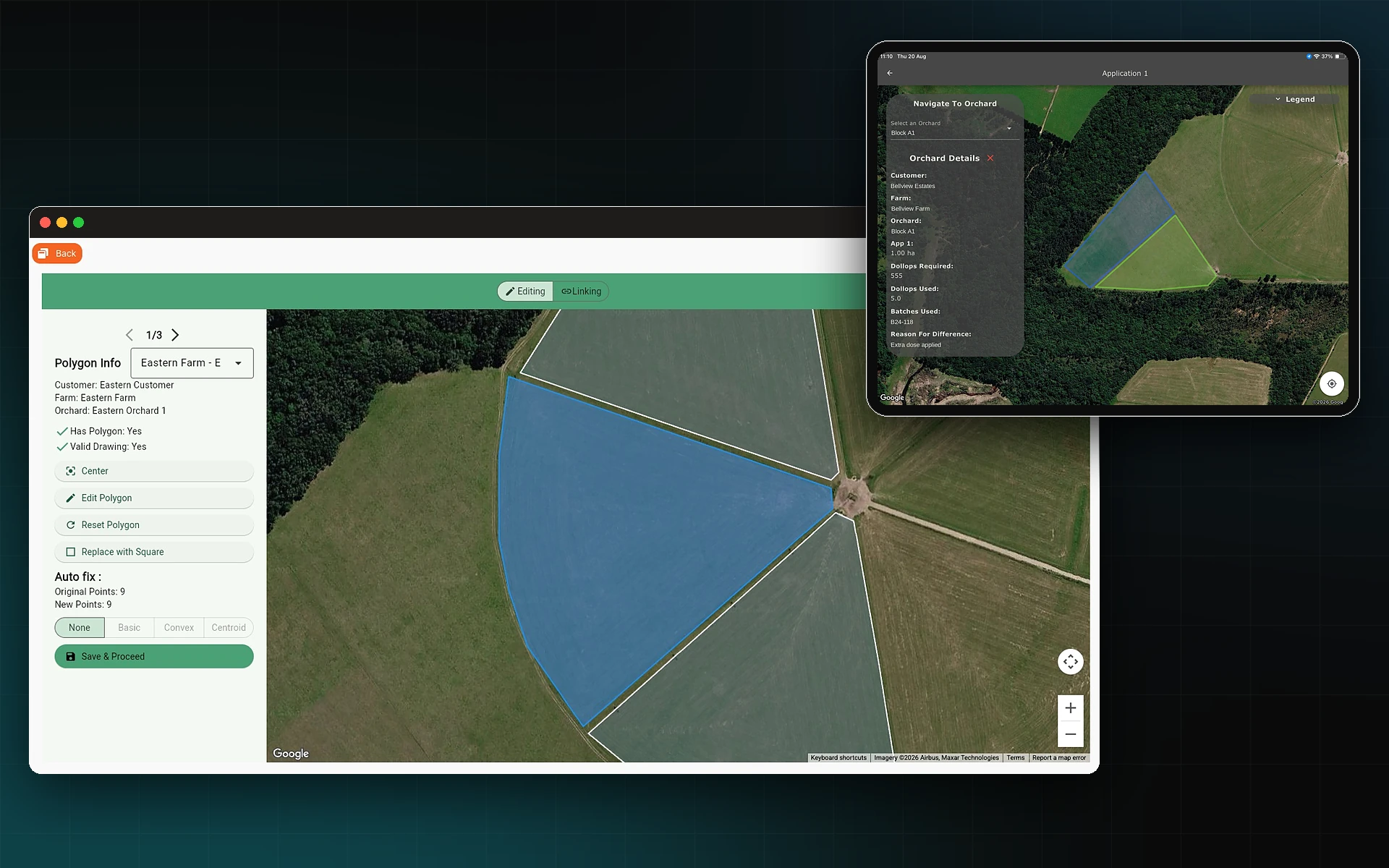 AgriERP polygon editing on a satellite map, with the field app's orchard details on a tablet