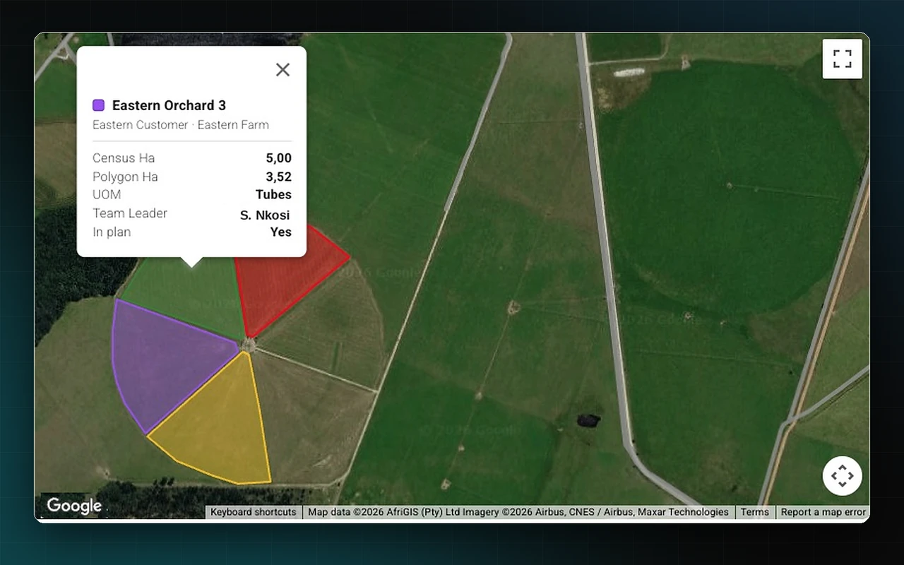 Orchard details on a pest treatment plan, over blocks colour-coded by status on a satellite map