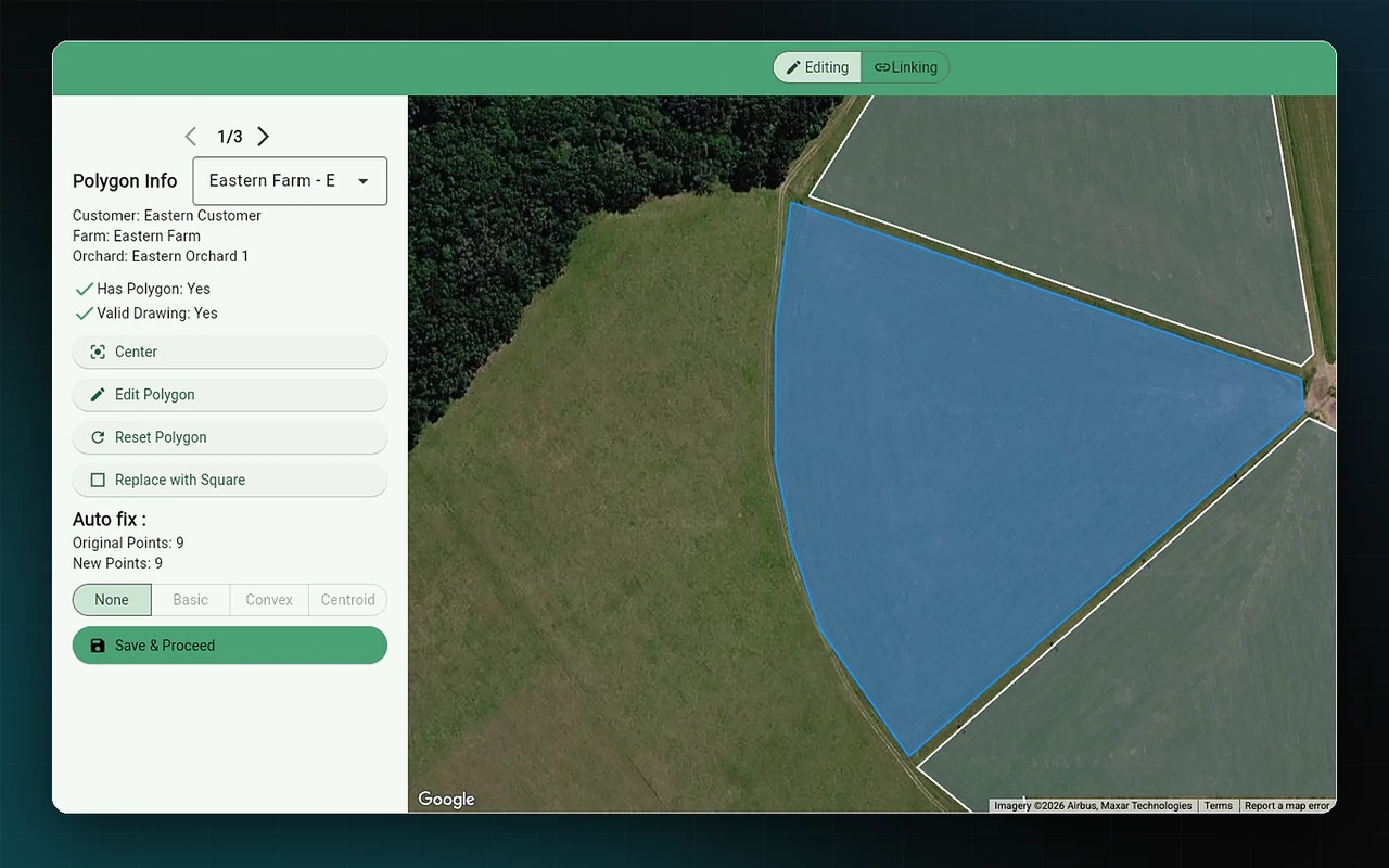 Editing an orchard block boundary in place, with polygon details and auto-fix options