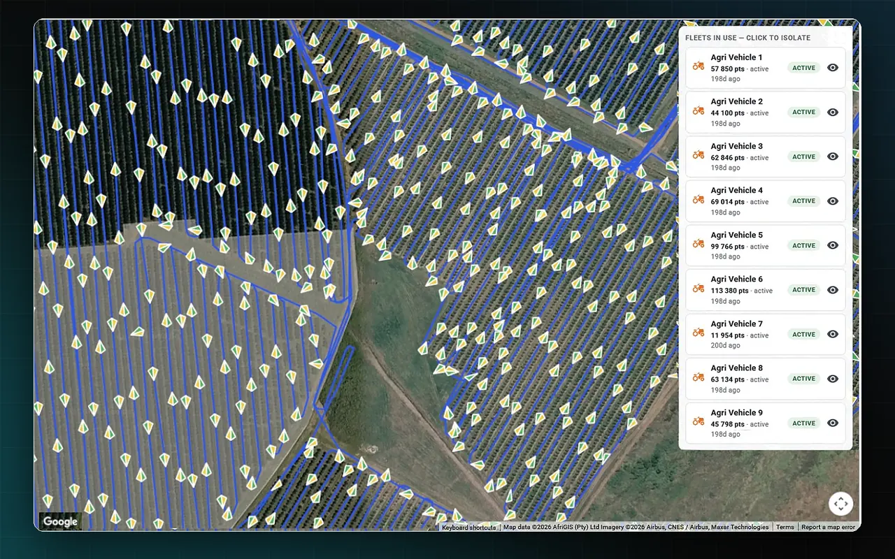 Event-level activity monitoring: capture points on a satellite map beside the list of active vehicles