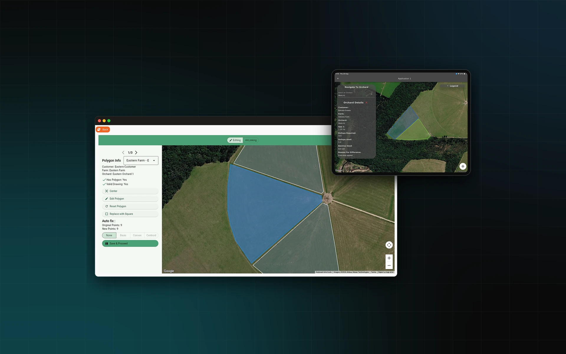 AgriERP polygon editing on a satellite map, with the field app's orchard details on a tablet