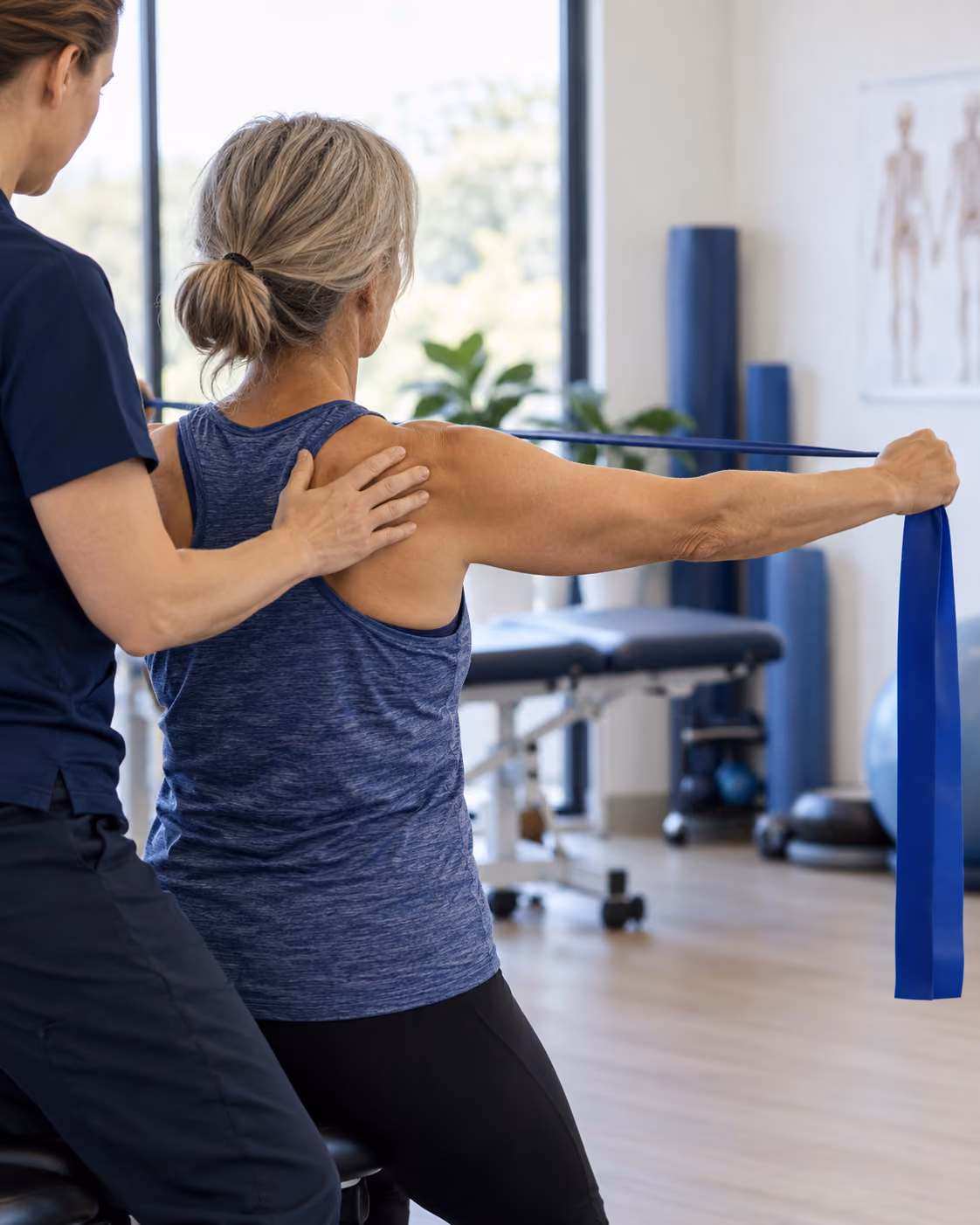 Woman doing a shoulder resistance exercise with guidance from a physiotherapist.