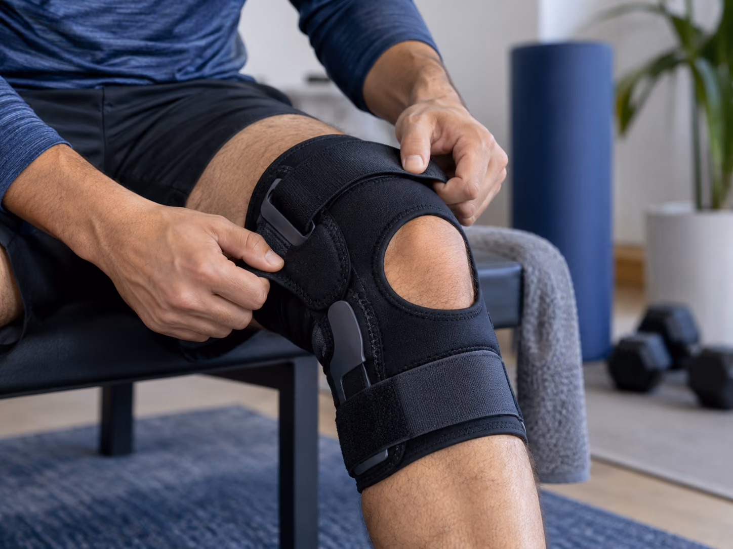 Man fastening a supportive knee brace during recovery.