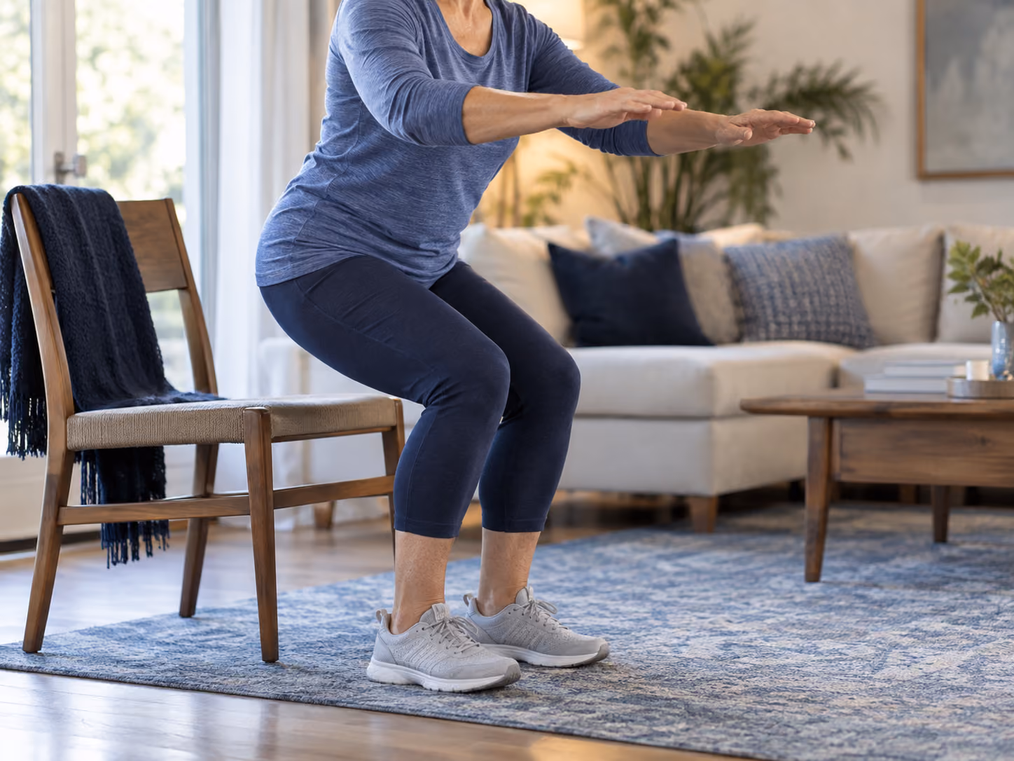 Older woman practising a controlled sit-to-stand exercise beside a chair at home.