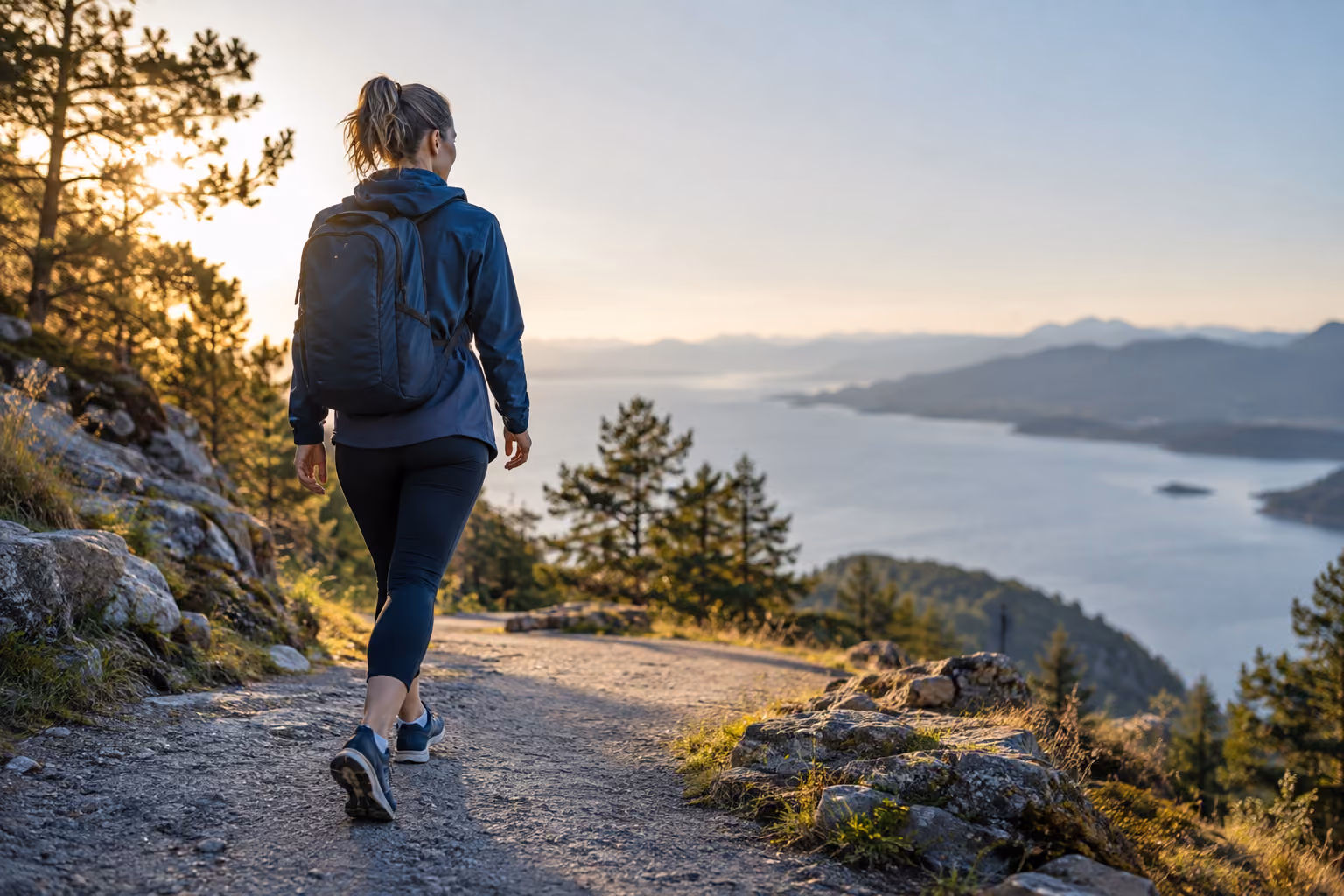 Woman walking along a mountain trail at sunset.