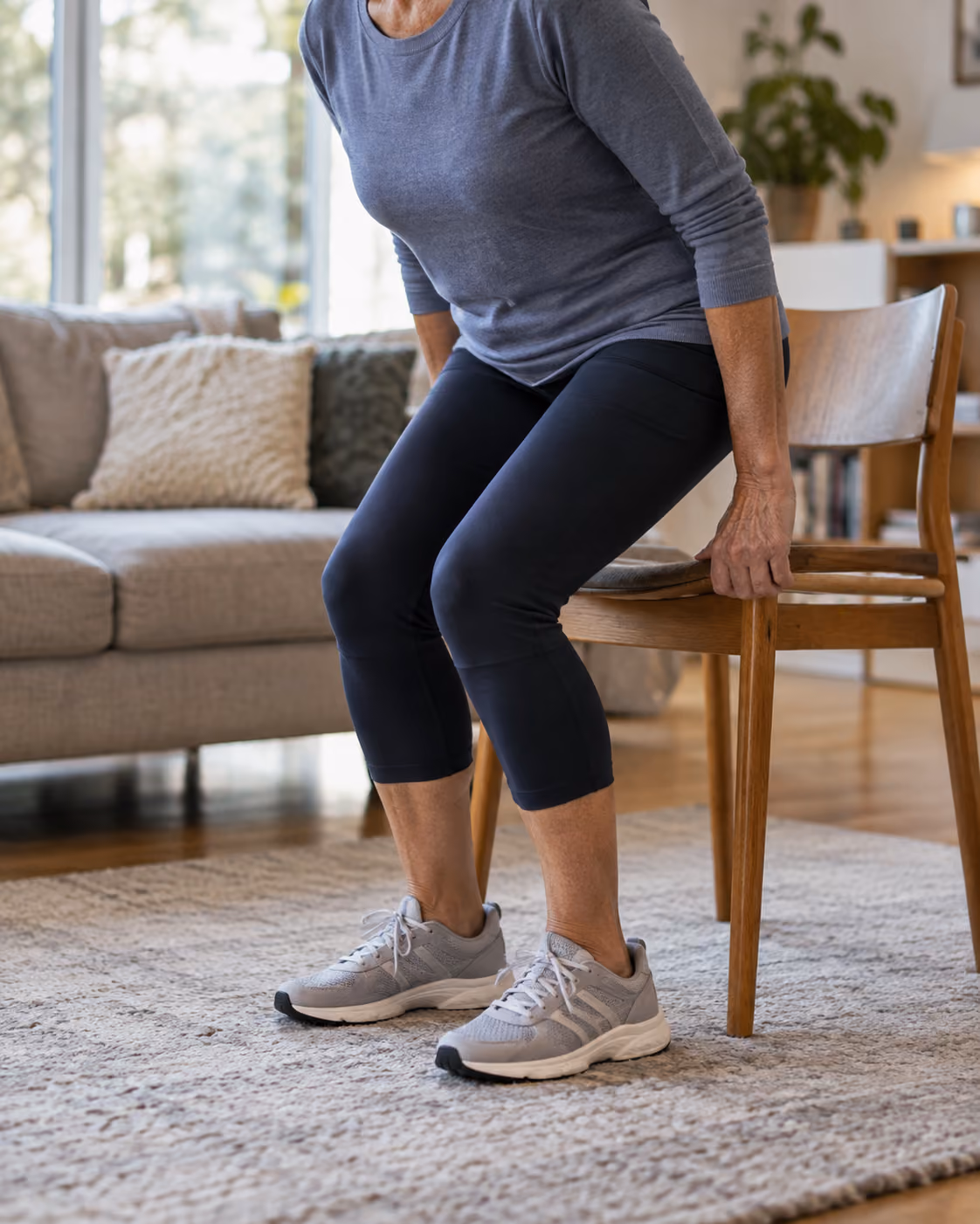 Older woman practising a supported sit-to-stand exercise beside a chair at home.
