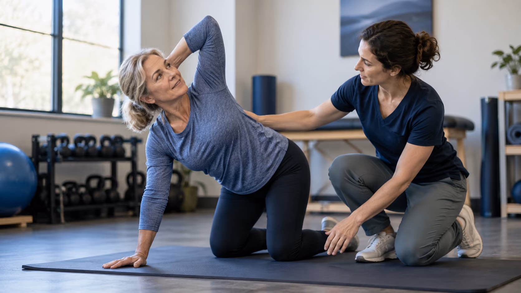 Woman performing a guided thoracic mobility exercise with a physiotherapist.