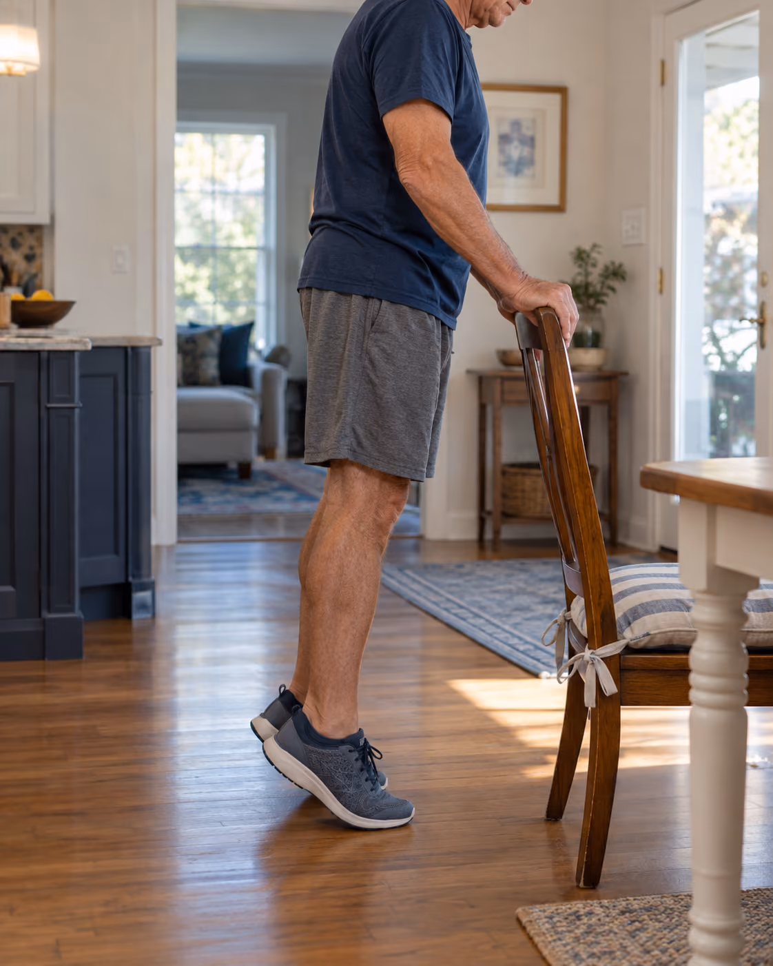 Older man doing supported calf raises beside a chair at home.