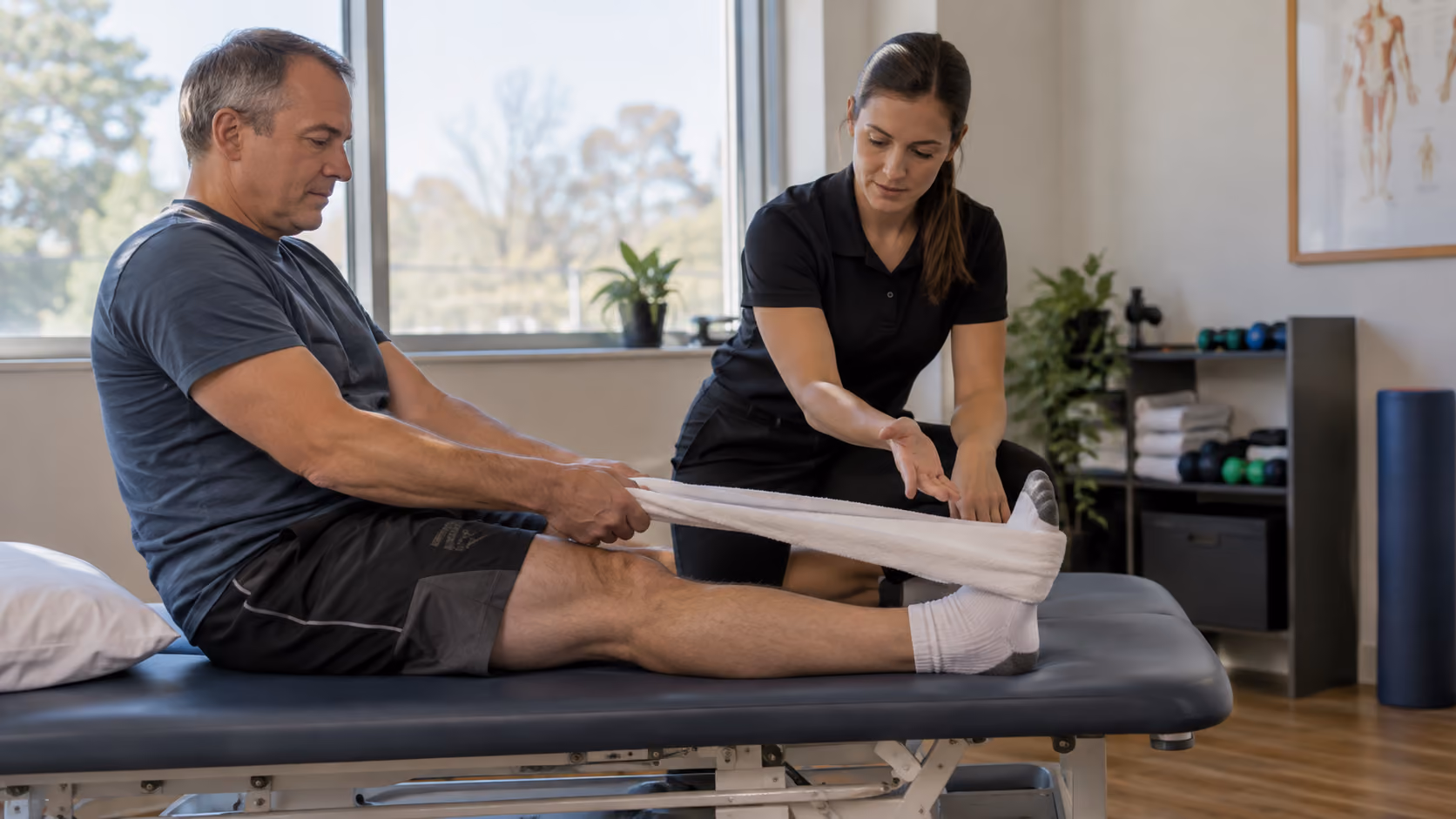 Man performing a seated leg stretch with guidance from a physiotherapist.