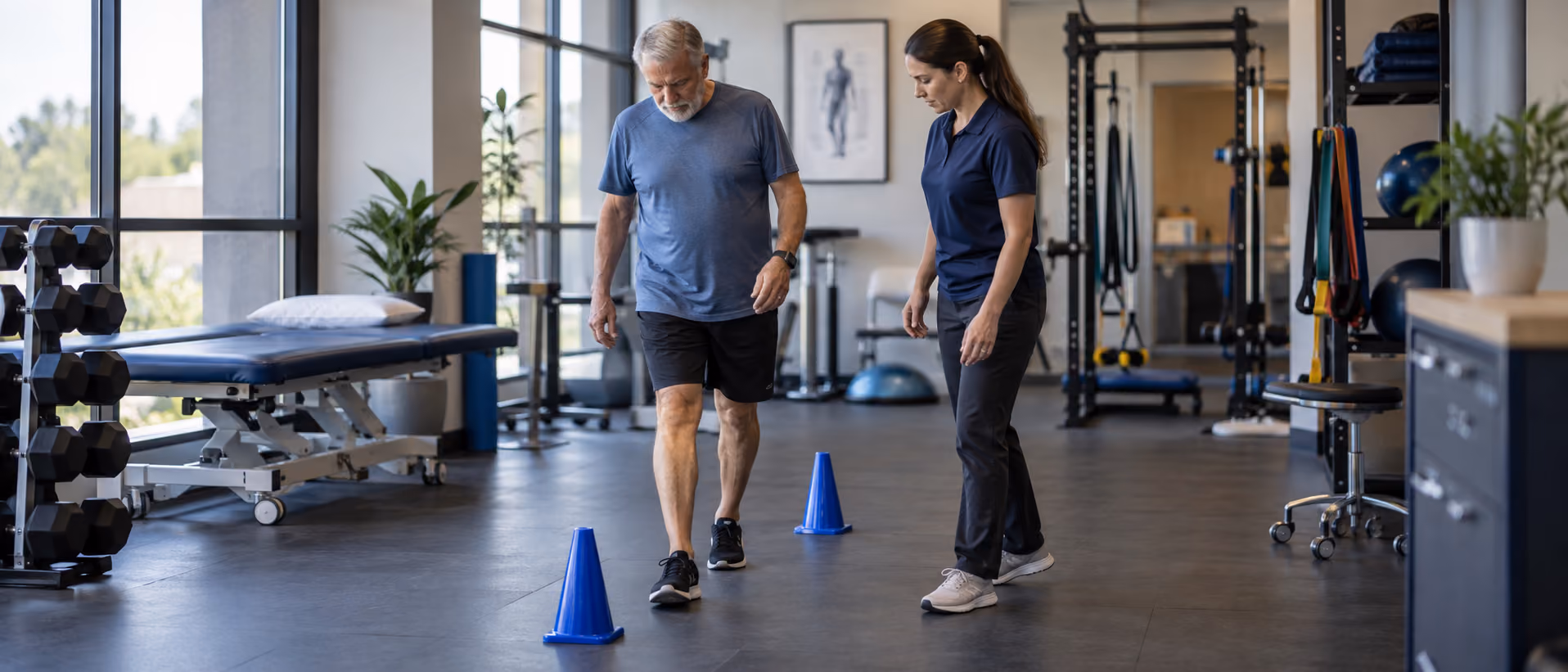 Older man practising gait and balance drills with a physiotherapist in a rehabilitation gym.