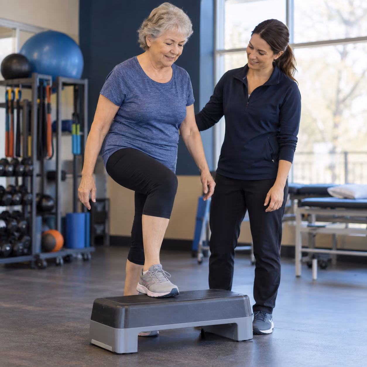 Older woman performing a step-up exercise with a physiotherapist.