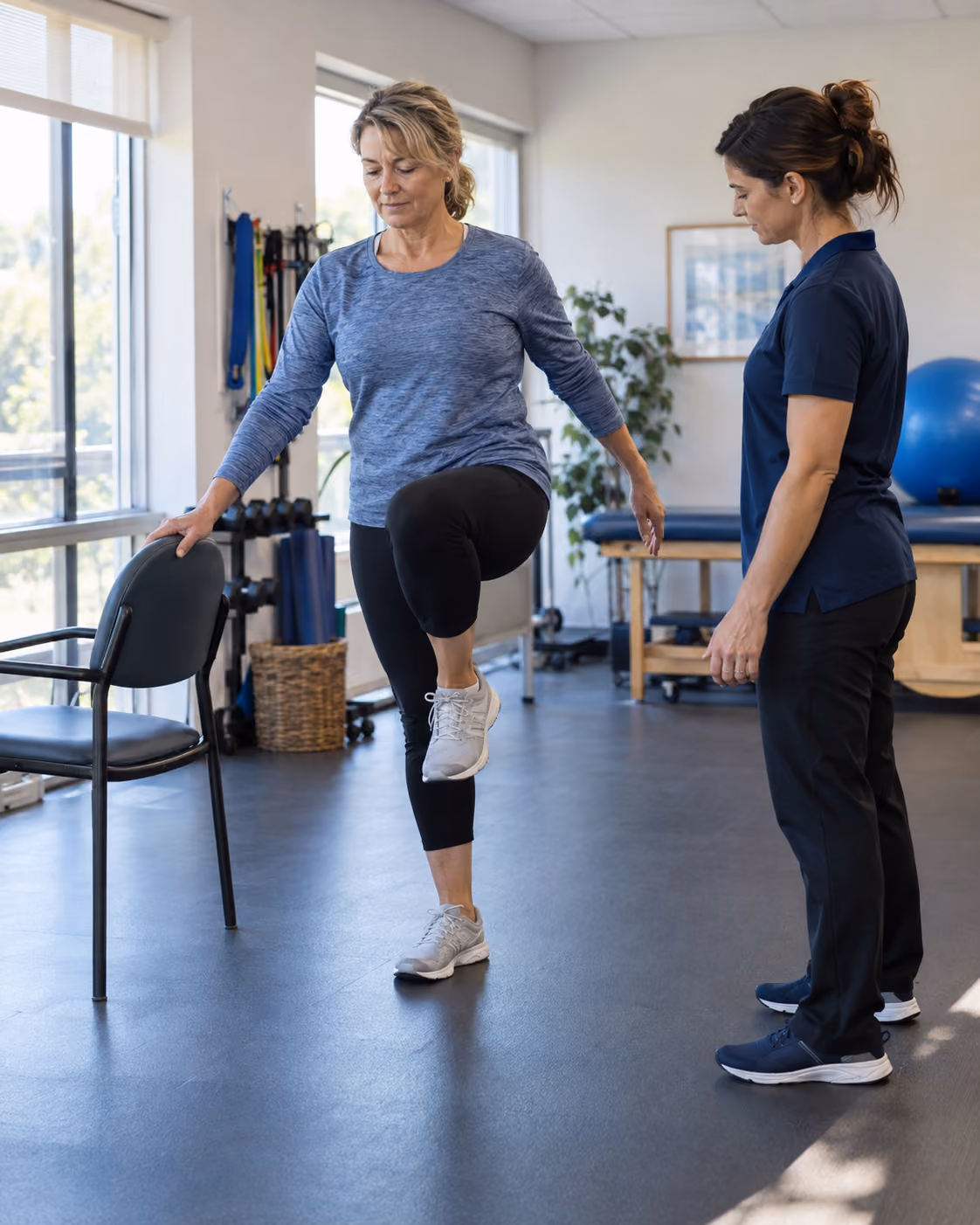 Woman practising single-leg balance beside a chair with a physiotherapist.