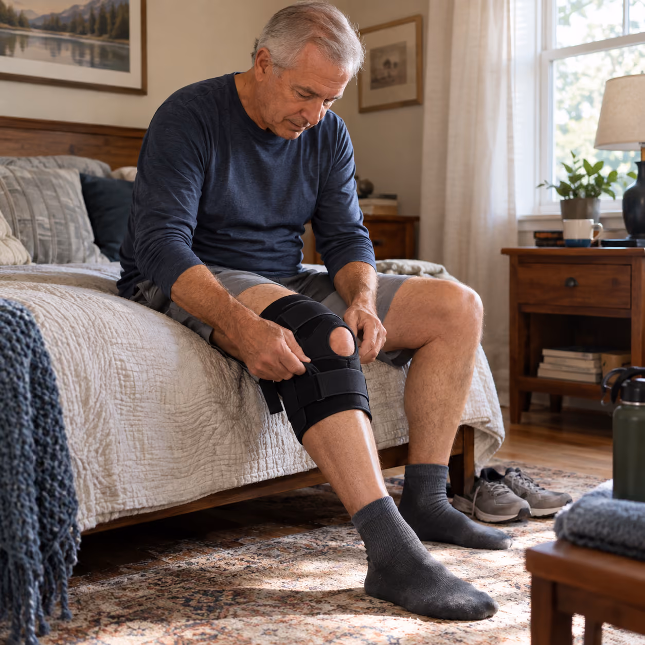 Older man adjusting a supportive knee brace while seated at home.