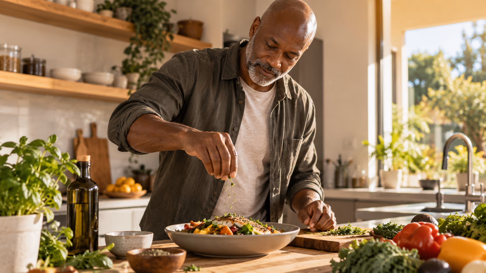 Older man preparing a healthy meal in a sunlit kitchen
