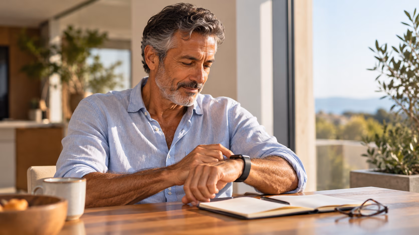 Man checking health data on a smartwatch beside an open notebook