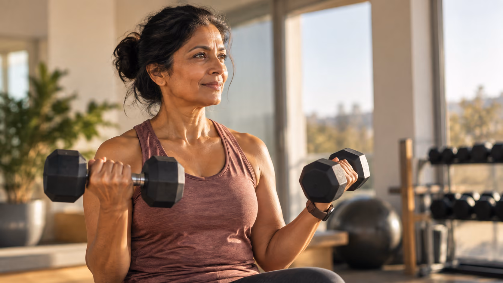 Woman strength training with dumbbells in a bright home gym