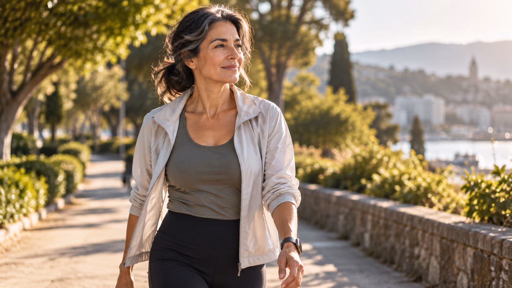 Active middle-aged woman walking outdoors in warm natural light