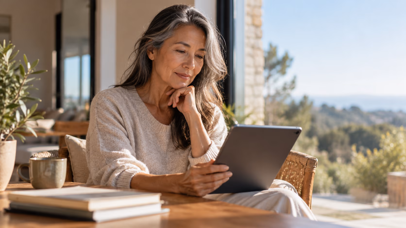 Older woman reading longevity research on a tablet at home