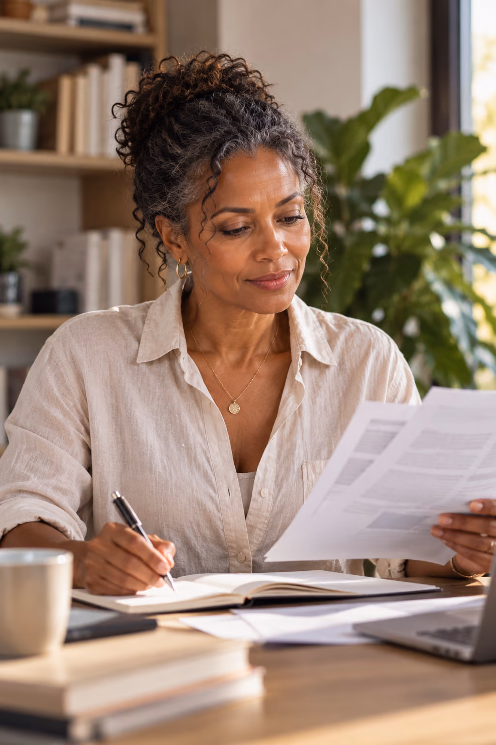 Woman reviewing research papers and taking notes at a desk