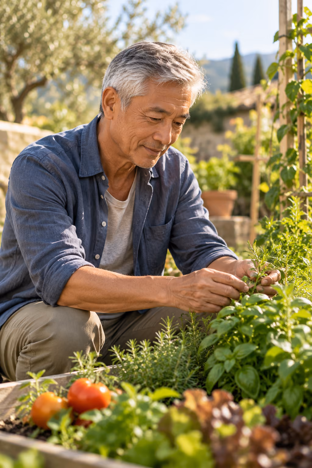 Older man tending fresh herbs in a sunlit garden