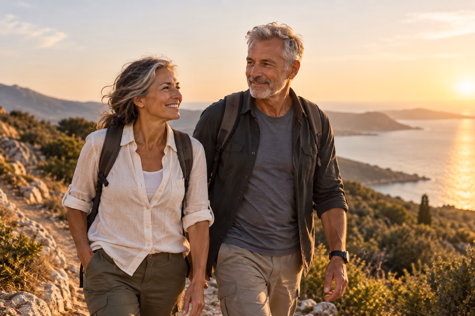 Mature couple hiking together on a coastal trail at sunset