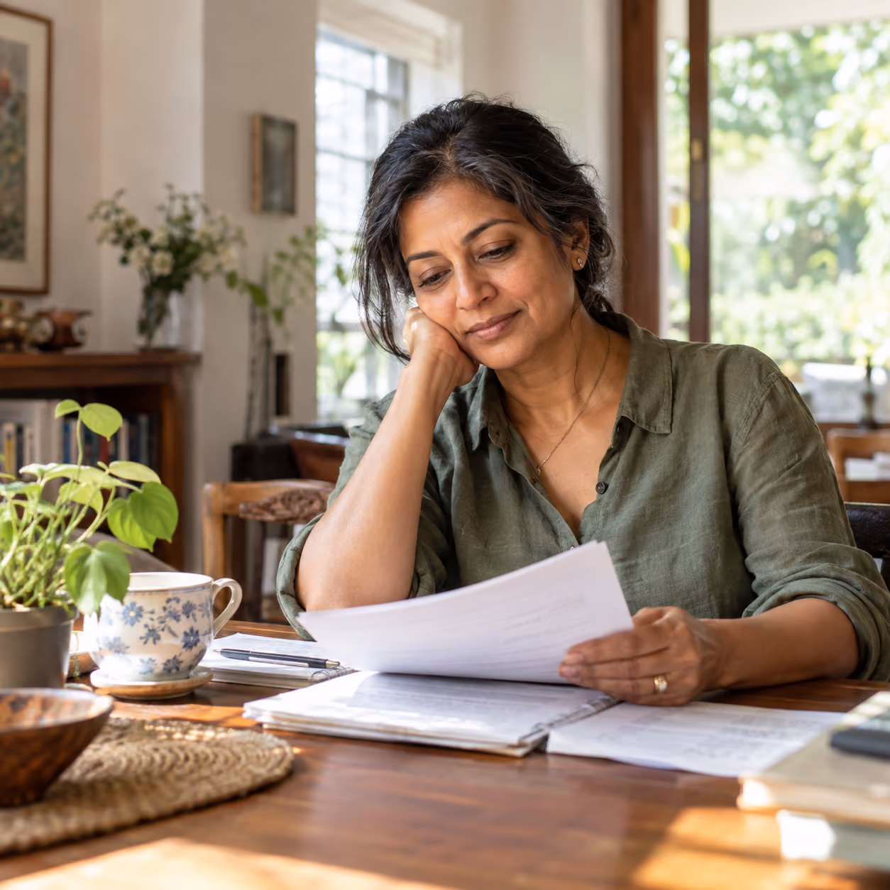 Woman reading health research at a table in natural daylight