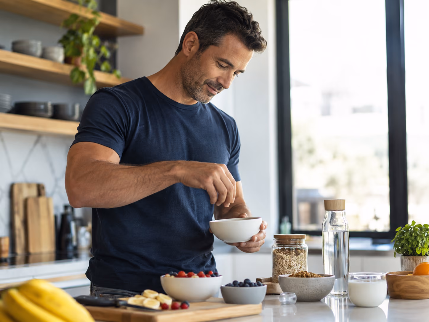 Man preparing a balanced breakfast in a bright modern kitchen.