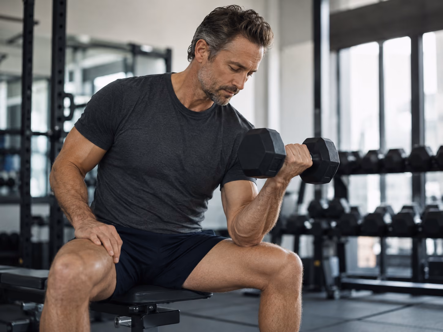 Middle-aged man performing a controlled dumbbell curl in a modern gym.