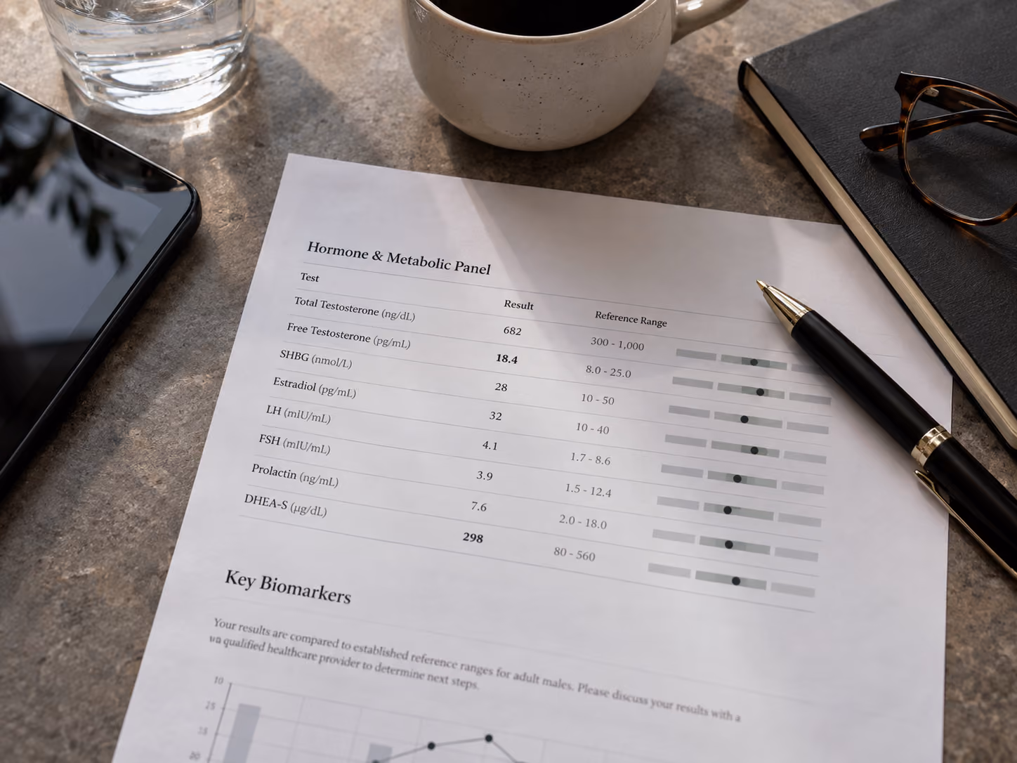 Hormone and metabolic lab report with testosterone biomarkers on a desk.
