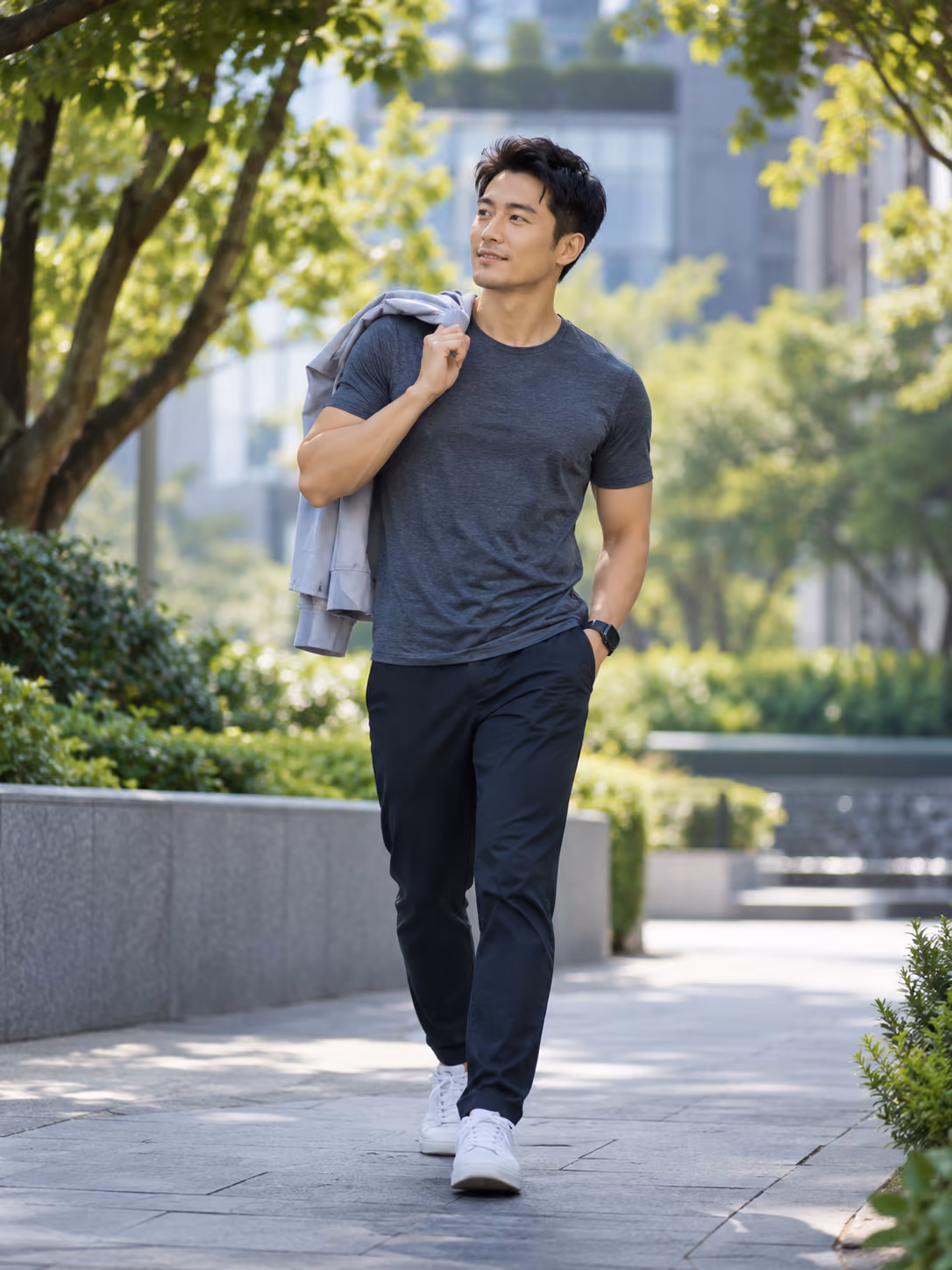 Man walking outdoors after exercise in a green urban setting.