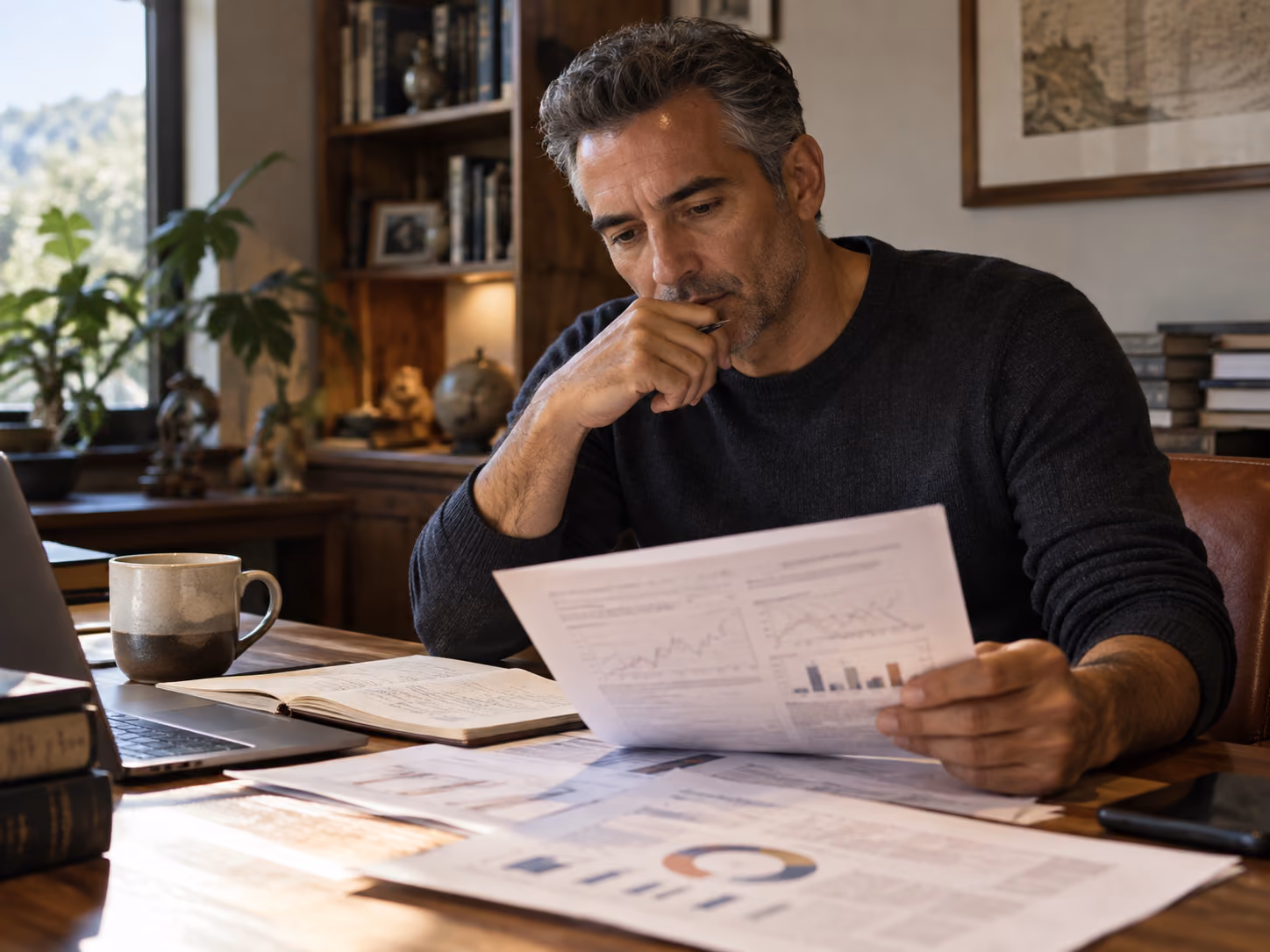 Man reading health research and biomarker notes in a quiet home study.