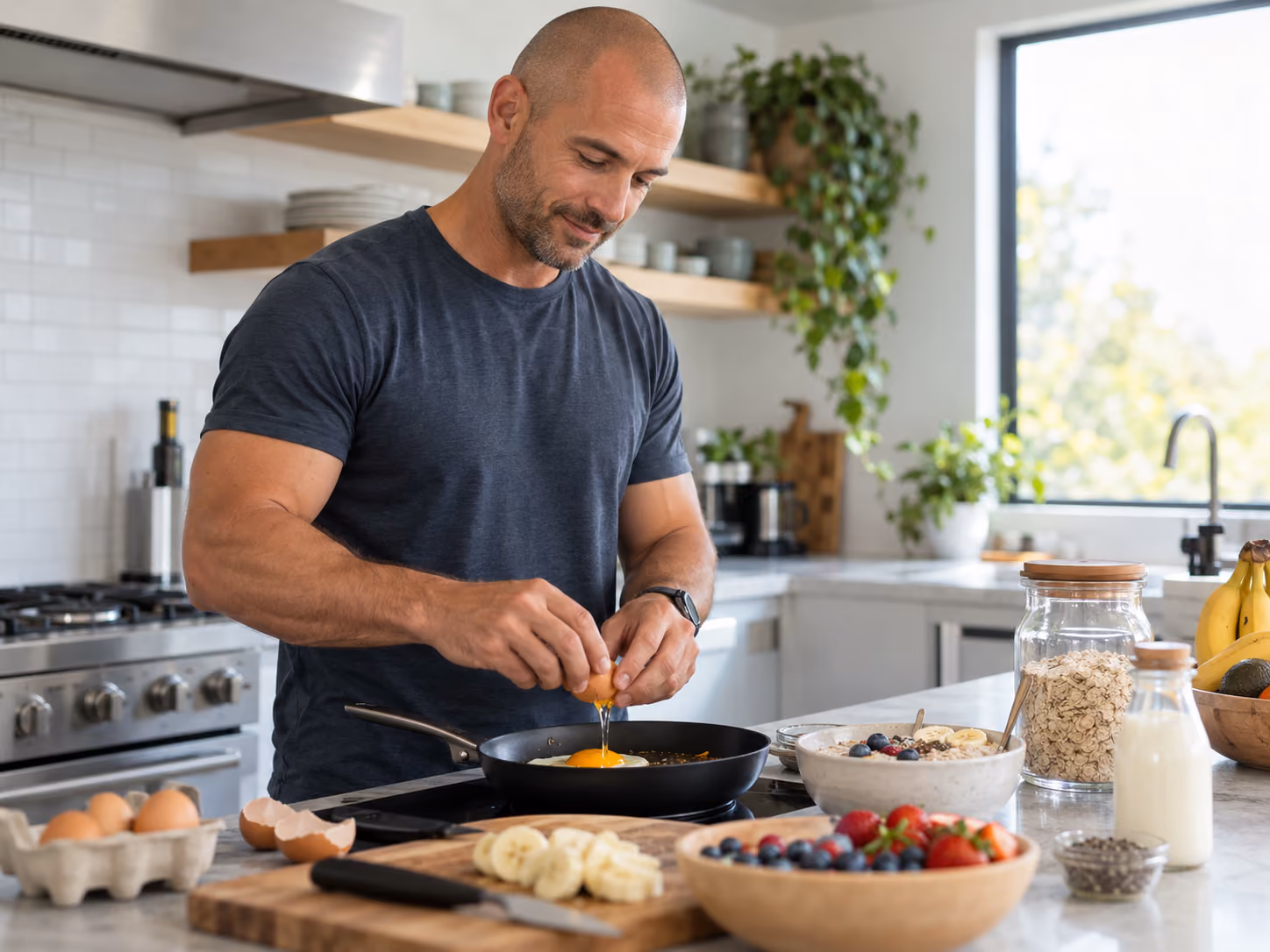 Man preparing a protein-rich breakfast with eggs, fruit and oats in a bright kitchen.