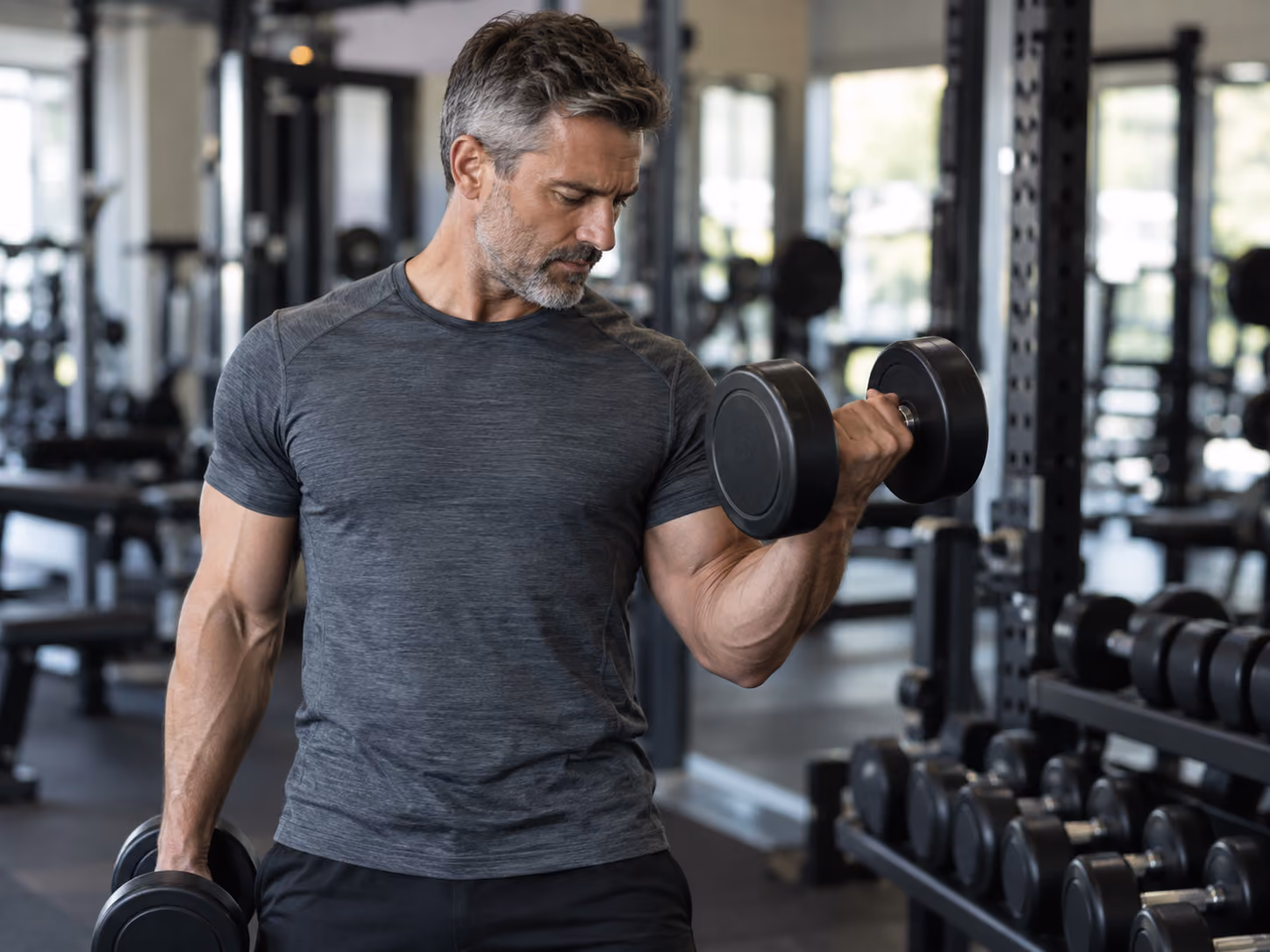 Middle-aged man performing a controlled dumbbell curl in a modern gym.
